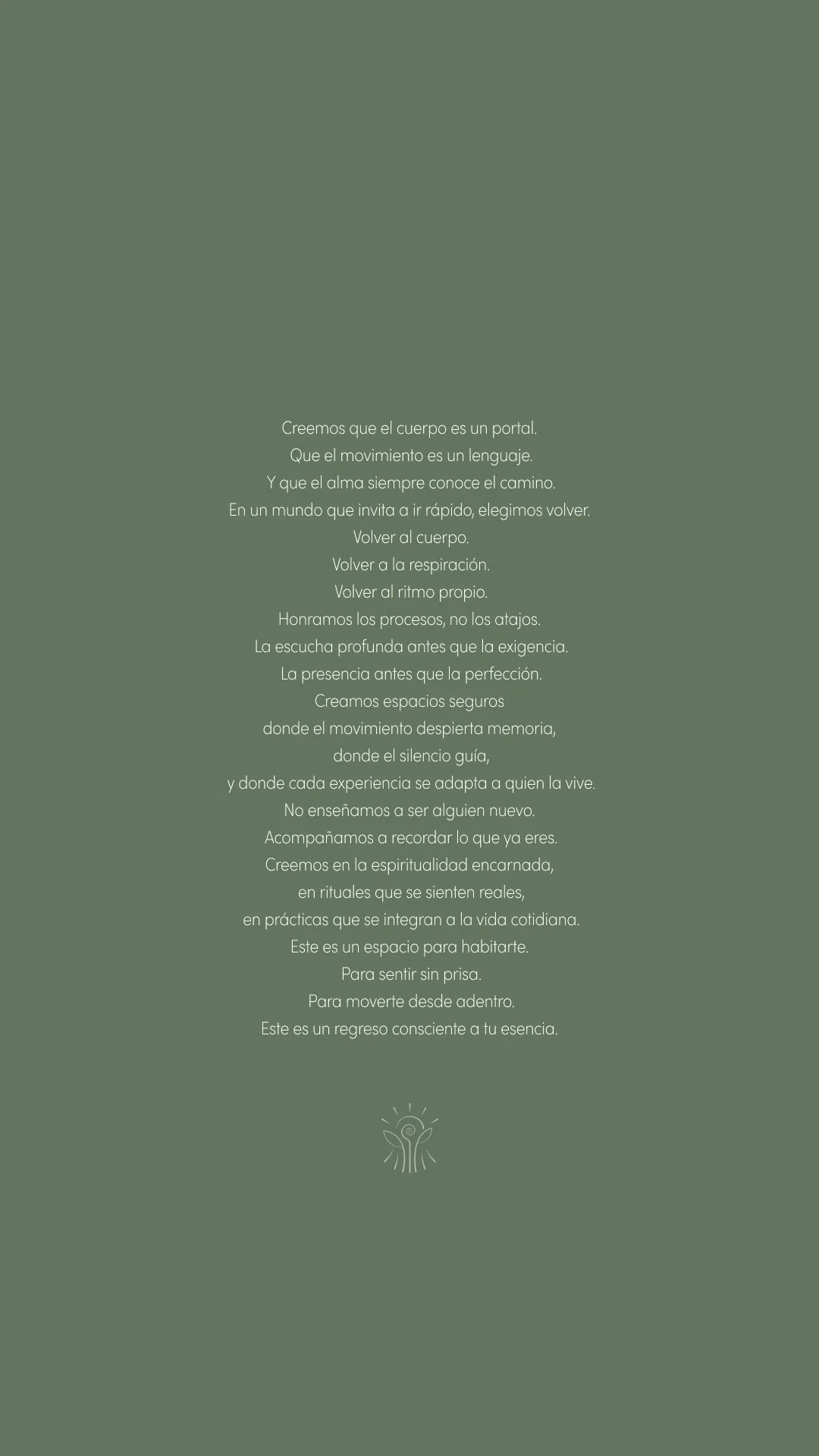 A green background with a centered Spanish poem about the body, movement, breath, and spirituality, with a small abstract icon of a person with outstretched arms and a radiant circle at the bottom.