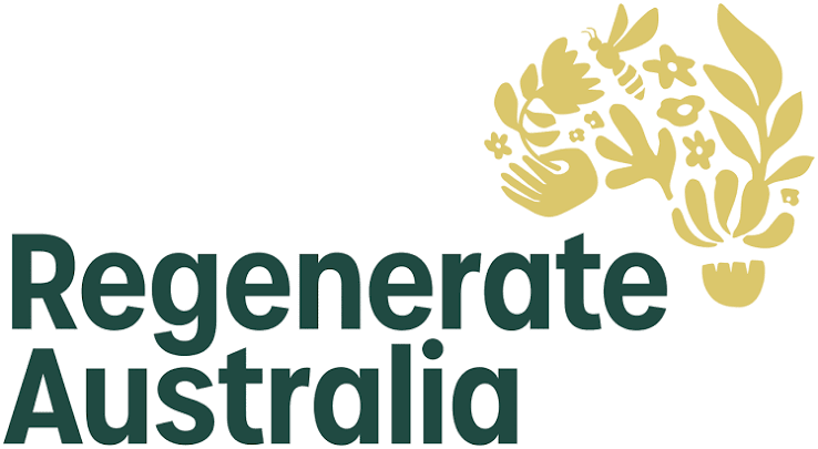Logo with stylized golden plant and hand illustrations along with the text 'Regenrate Australia' in bold black font.