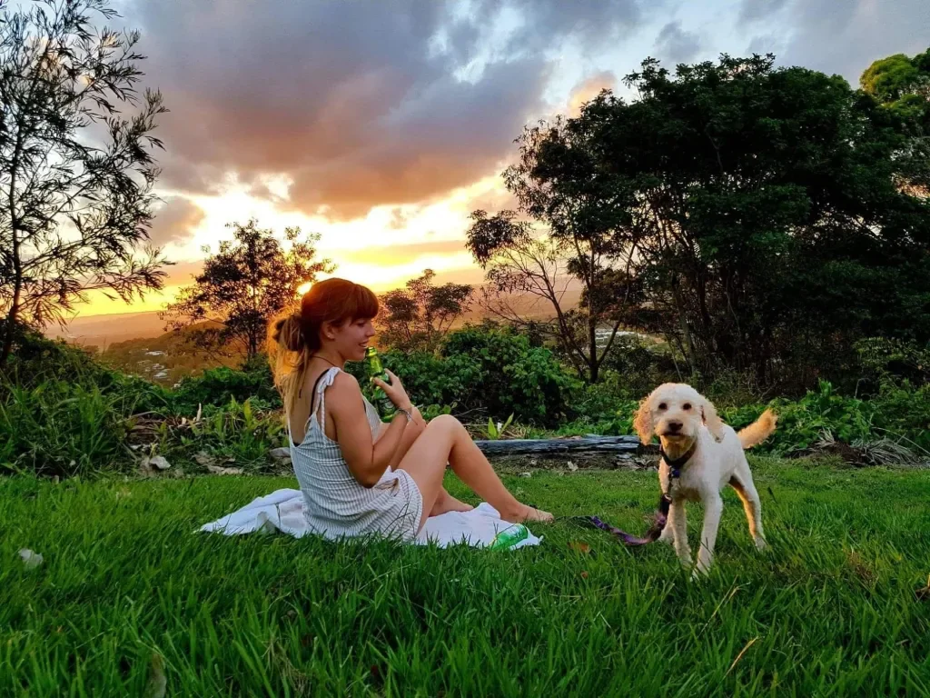 A woman with red hair in a ponytail sitting on a white towel in a grassy outdoor area during sunset, smiling at a happy white dog on a leash.