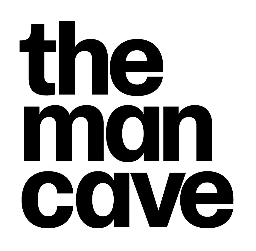 Black text on a white background that reads "the man cave" arranged in a stacked layout.