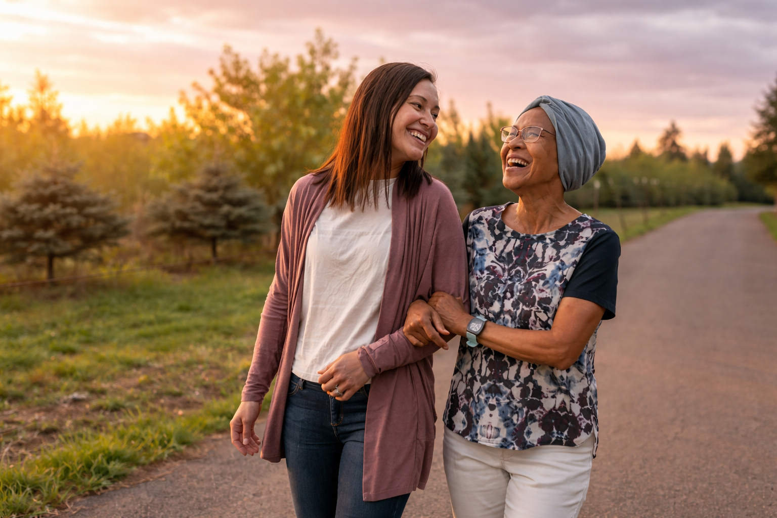 Two women, one young and one older, smiling and enjoying a walk outdoors on a paved path at sunset, surrounded by trees and greenery.