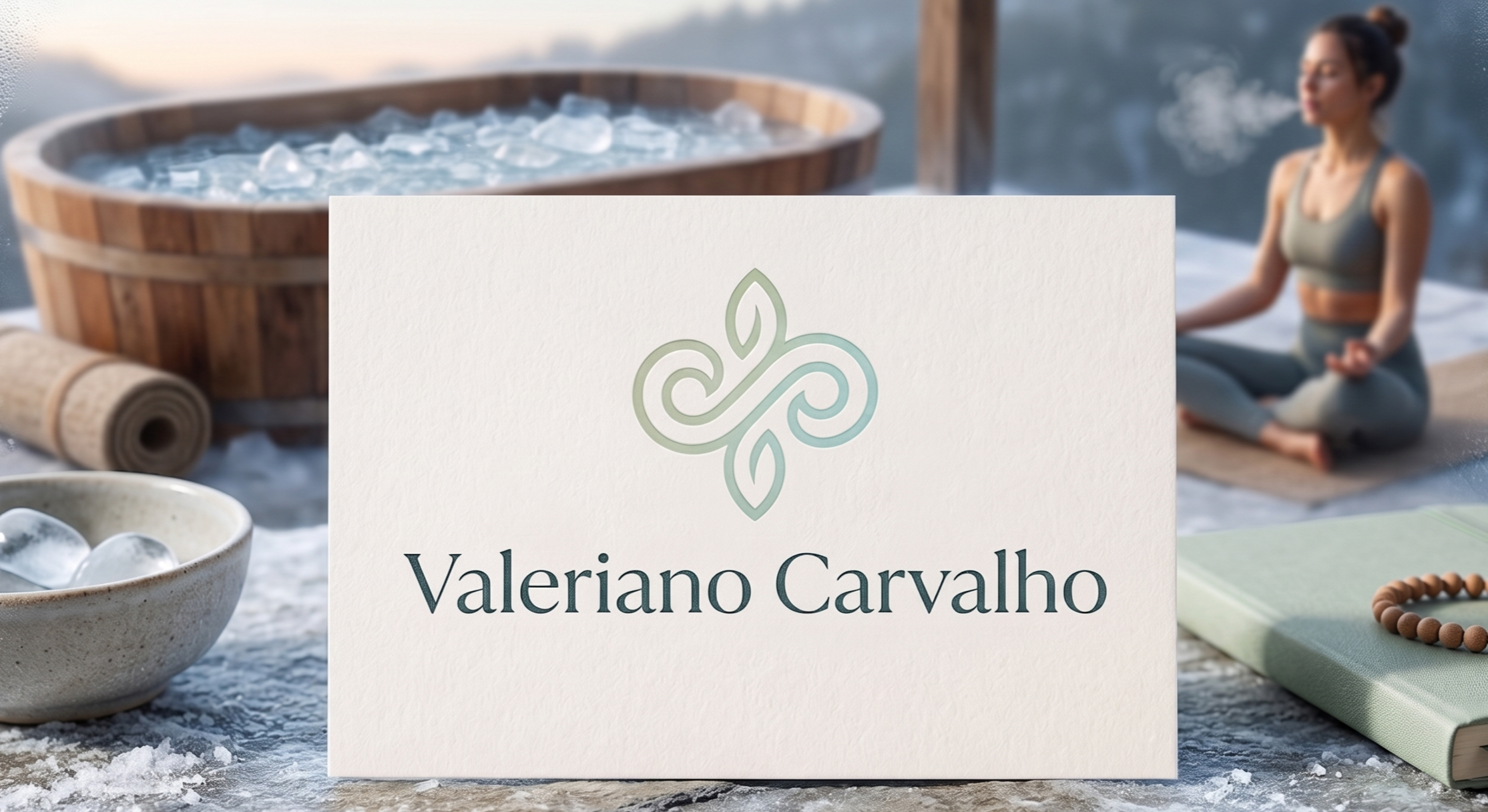 Logo de Valeriano Carvalho com banheira de gelo e prática de yoga ao fundo