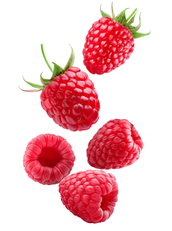 Five fresh raspberries, with two whole berries, one berry cut in half displaying its inner structure, and two berries separated showing their surface details.
