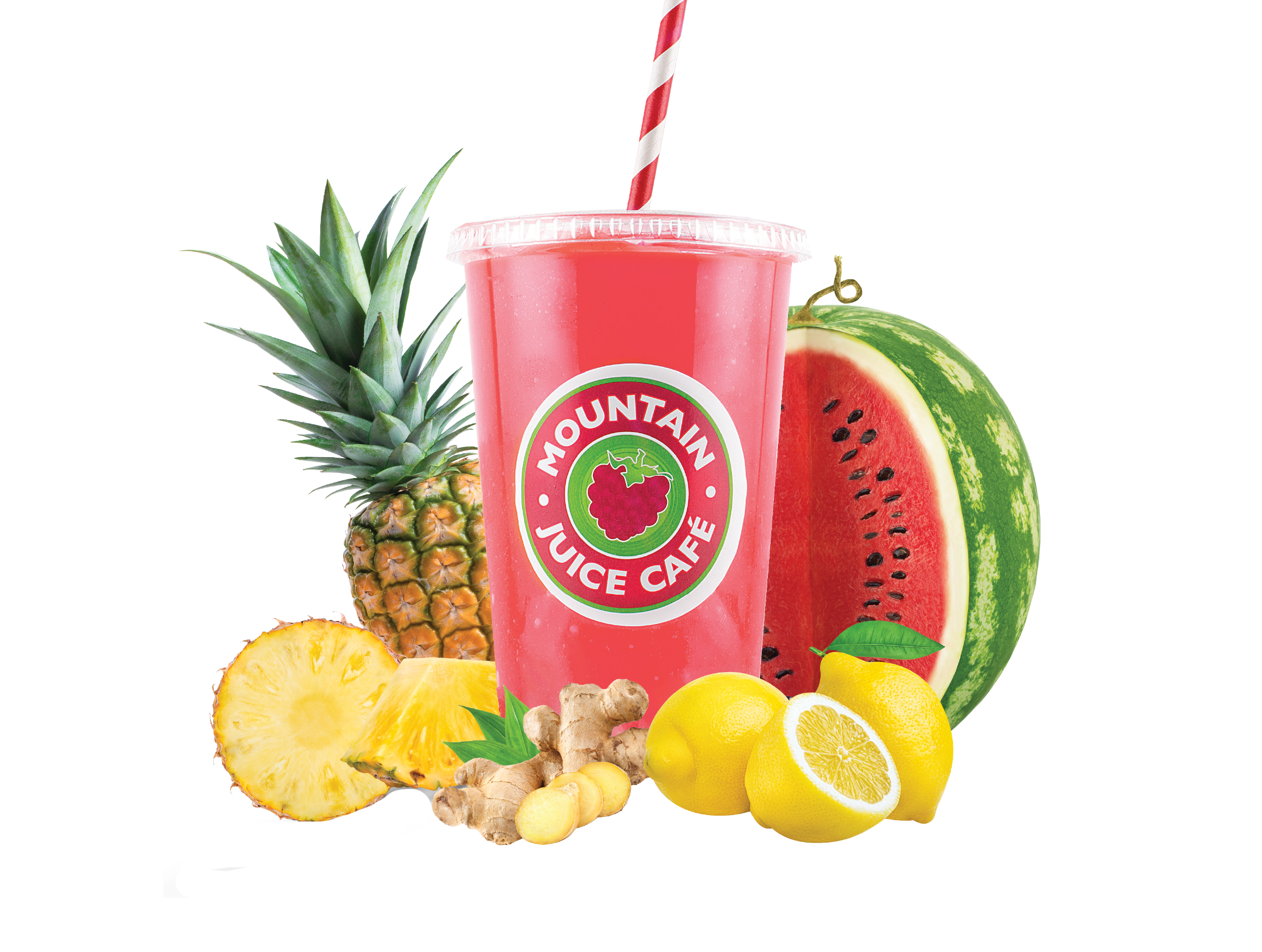 The Sunny Melon fresh-pressed juice from Mountain Juice Cafe. Vibrant pink juice in a cup with a red and white striped straw, surrounded by fresh pineapple, watermelon, lemon, ginger, and lime.