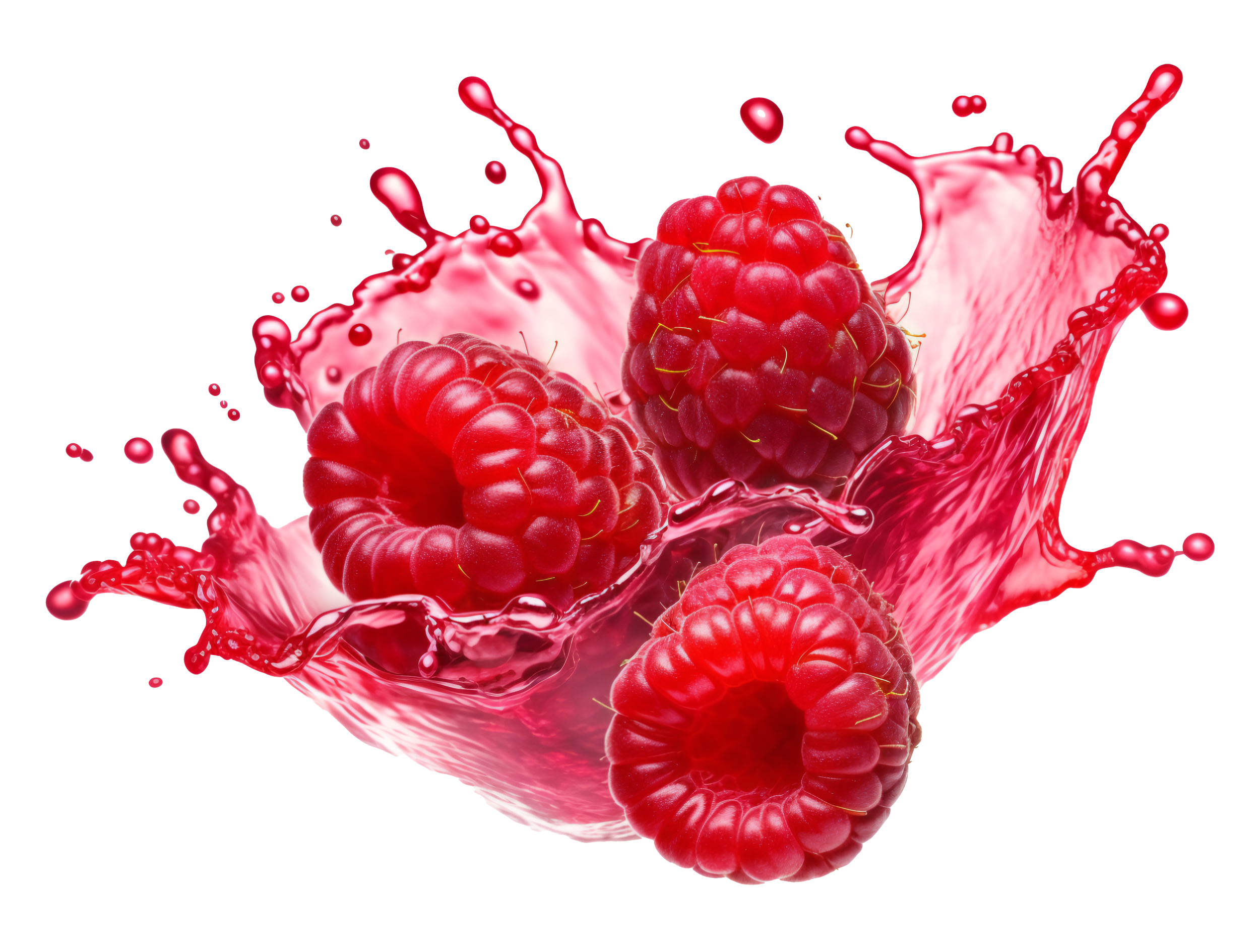 Close-up of red raspberries with a splash of pink juice around them.