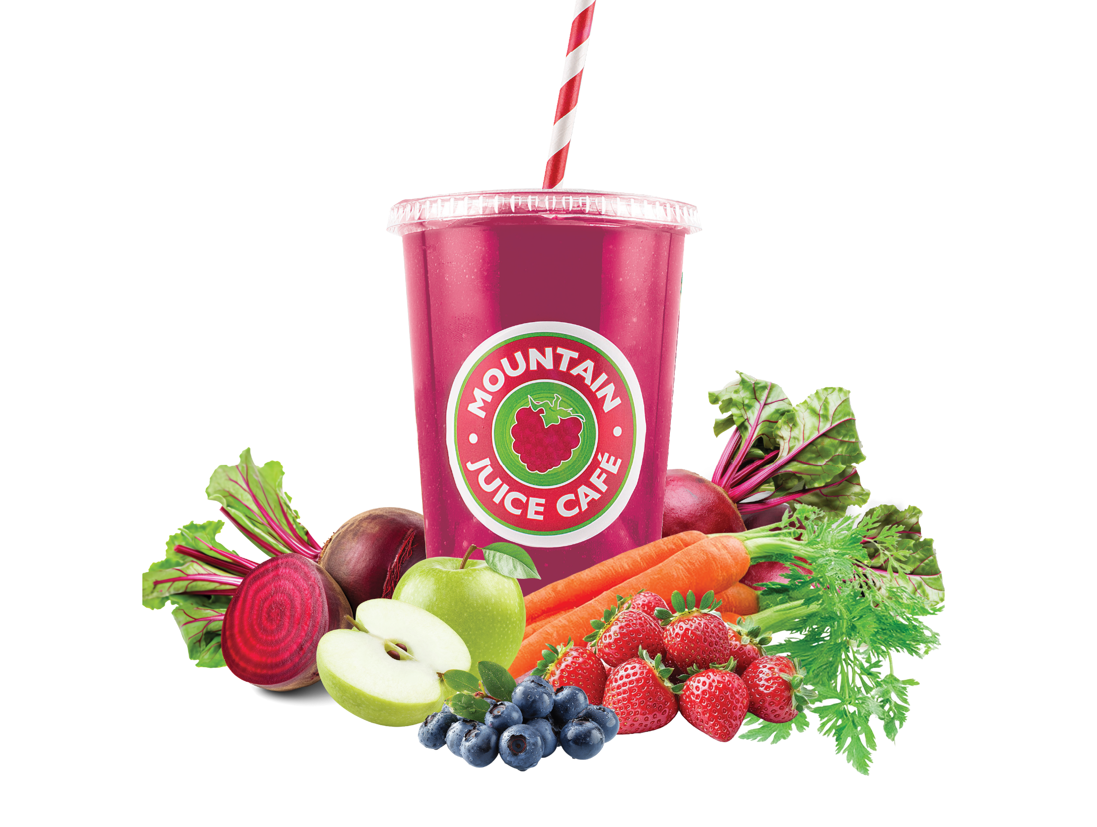 The Beet Berry smoothie from Mountain Juice Cafe served in a cup with a striped red and white straw, surrounded by fresh fruits and vegetables including strawberries, blueberries, green apple, carrots and beet.