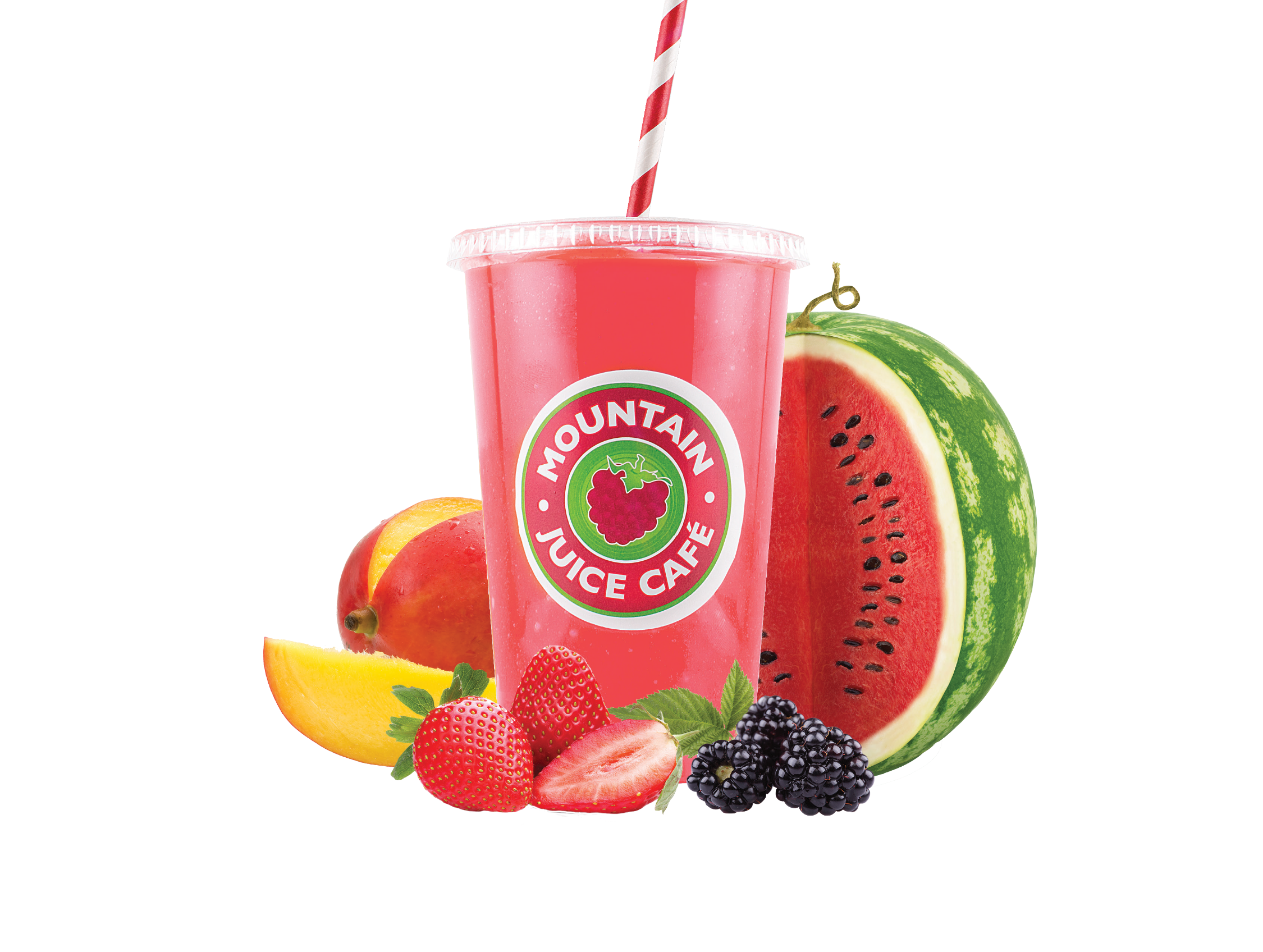 The Mango Melon smoothie in a cup with a red and white striped straw, surrounded by fresh watermelon, strawberries, blackberries, and peaches.