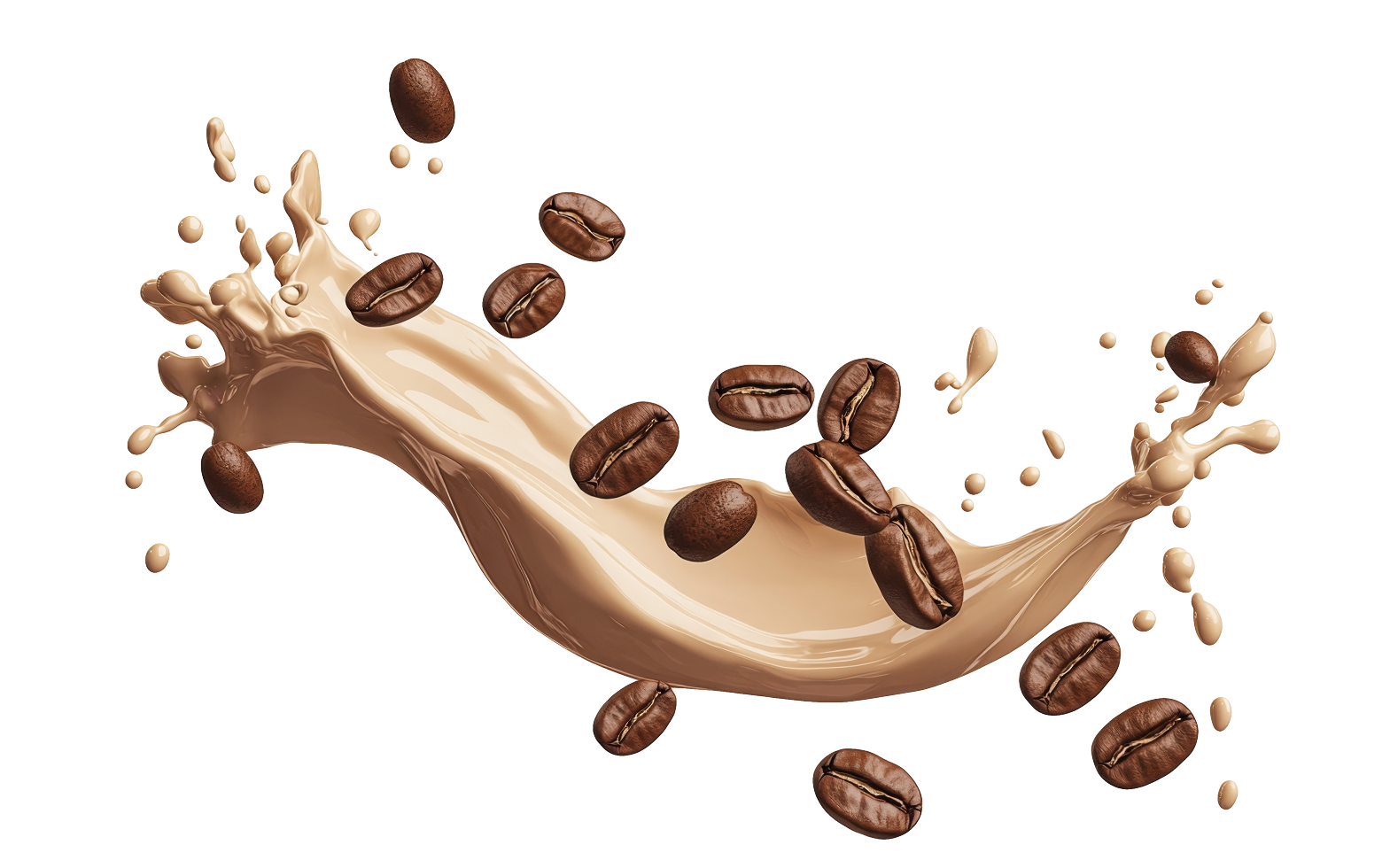 Coffee splash with scattered coffee beans.