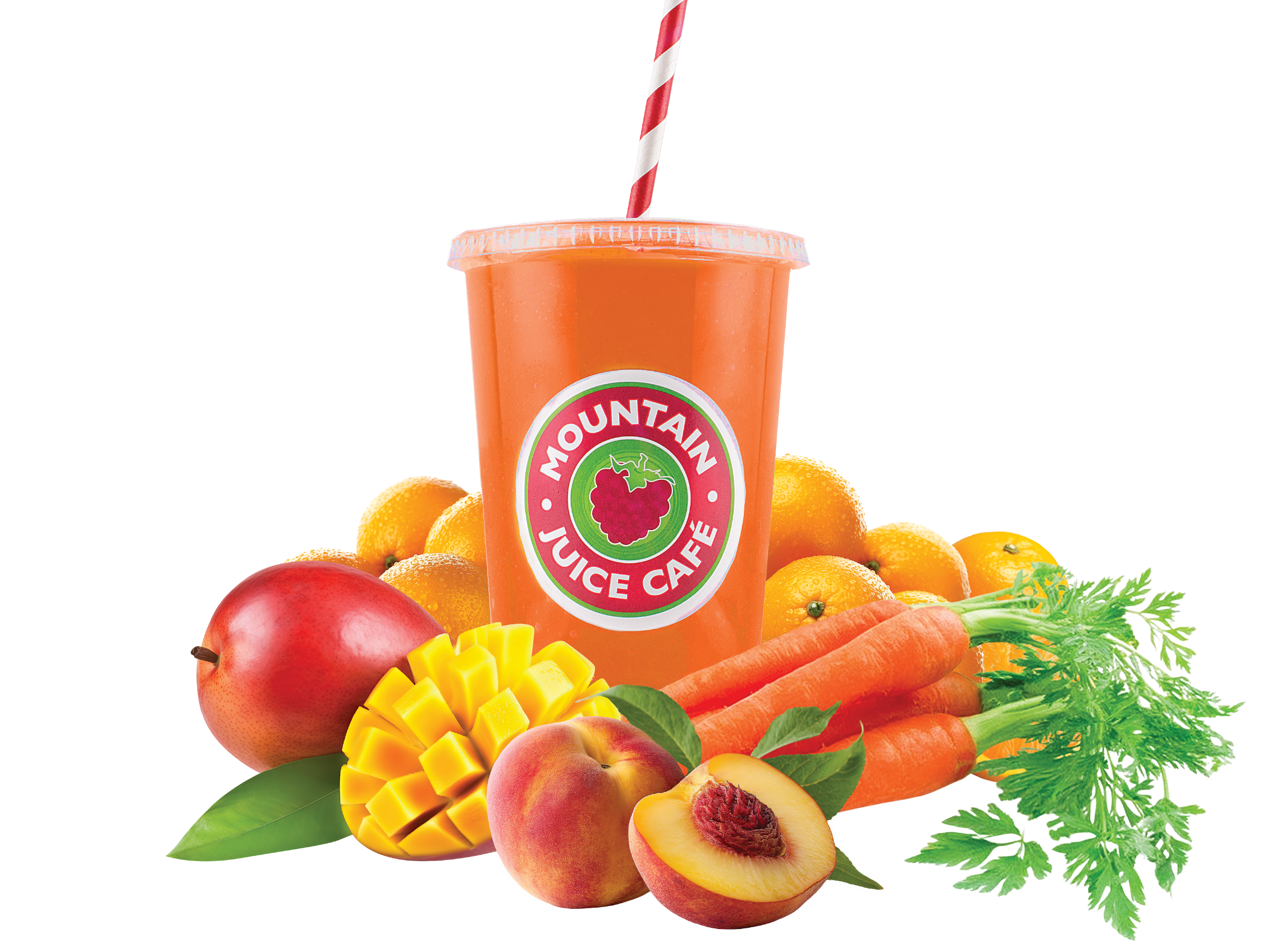 The Vibrant C smoothie from  Mountain Juice Cafe. Vibrant orange smoothie in a cup with a striped straw surrounded by fresh oranges, peaches, carrots and mango.