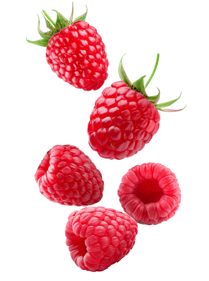 Five ripe raspberries, two with green stems attached, isolated on a white background.