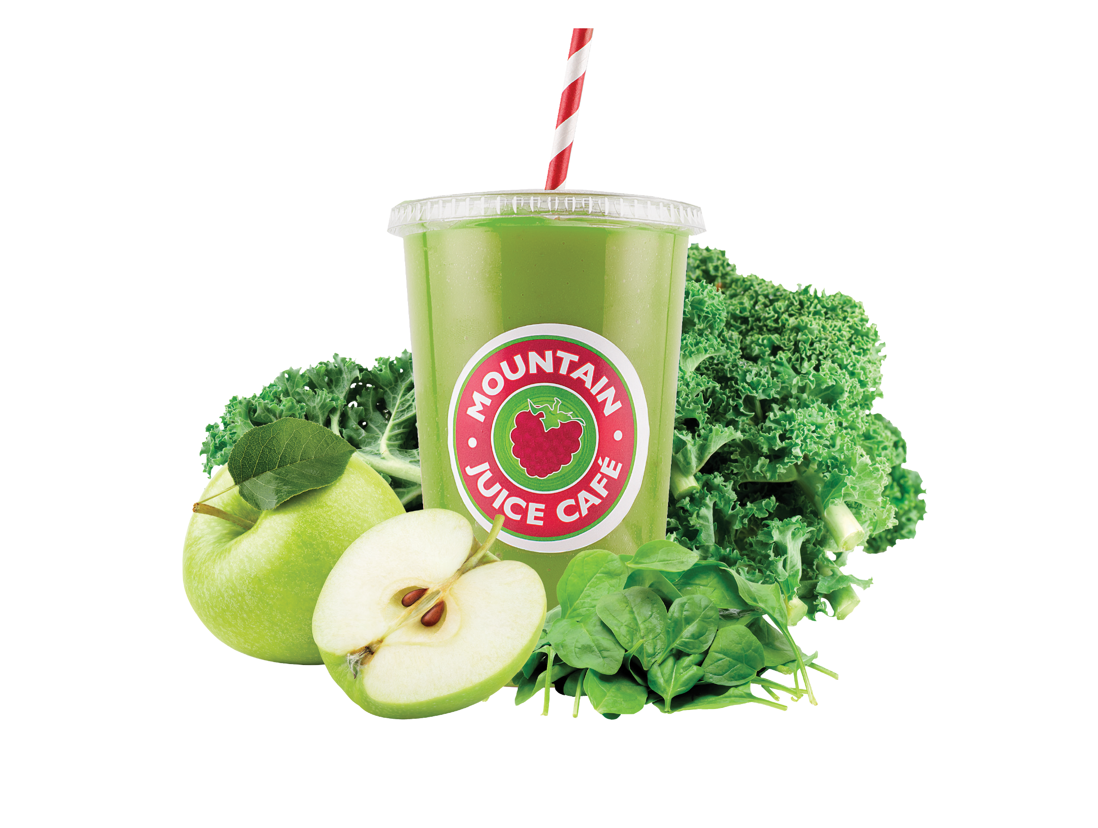 The Clean Green fresh-pressed juice from Mountain Juice Cafe in a cup with a red and whlte striped surrounded by green apples, kale and spinach.