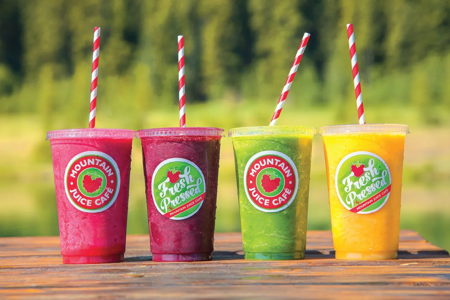 Four colorful smoothies in plastic cups with red-and-white striped straws, placed on a wooden surface outdoors with a blurred green background. The cups have a label that reads 'Frosted Preserve' with a strawberry logo and 'Mountain Juice Cafe' logo.