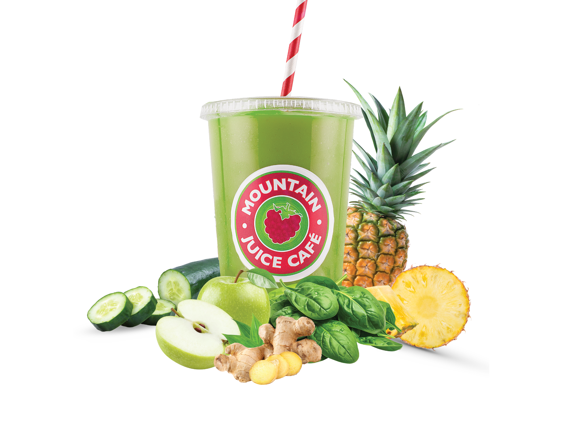 The Spring Glow fresh-pressed juice from Mountain Juice Cafe. Vibrant gree juice in a cuwith a red and white striped straw, surrounded by fresh fruits and veggies like pineapple, cucumber, green apples, ginger and spinach.
