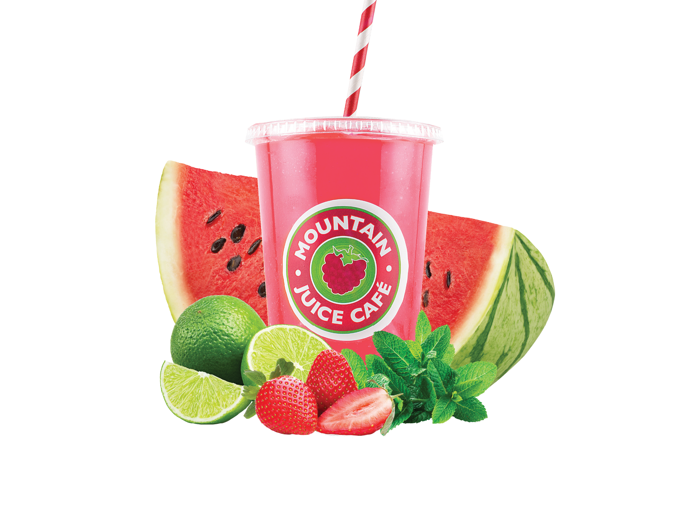 The Strawberry Melon Mountain Juice Cafe in a cup with a red and white striped straw, surrounded by slices of watermelon, lime, strawberries, and fresh mint leaves.