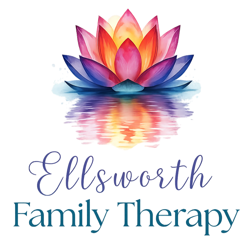 A colorful lotus flower floating on water with the words "Ellsworth Family Therapy" beneath it.