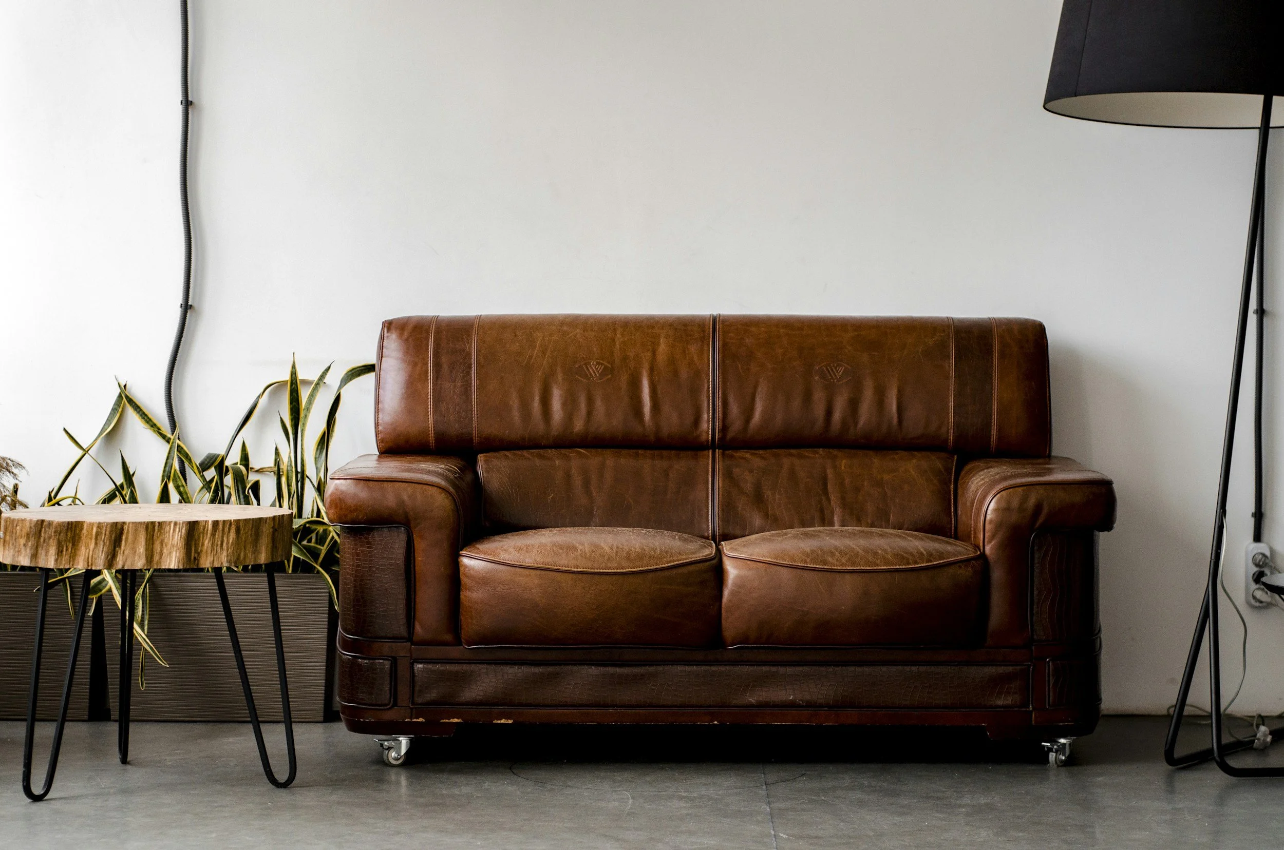 A brown leather sofa with metal casters in front of a plain white wall, flanked by a wooden side table with a round top on the left, and a tall black floor lamp with a large lampshade on the right, and a potted plant with long, pointed green and yellow leaves on the left.