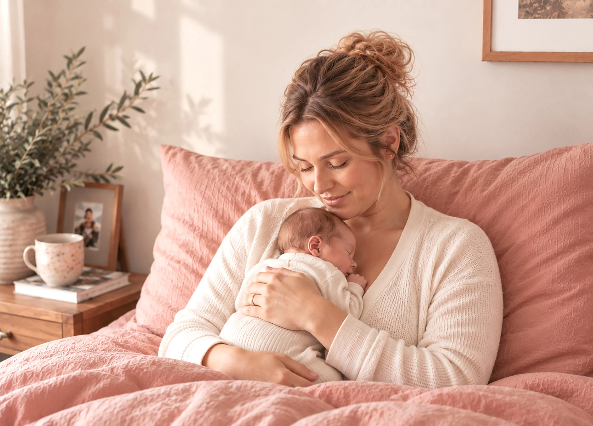 A woman with curly reddish hair and earrings is sitting on a bed, holding a sleeping baby close to her chest, showing affection and tenderness in a cozy, softly lit room.