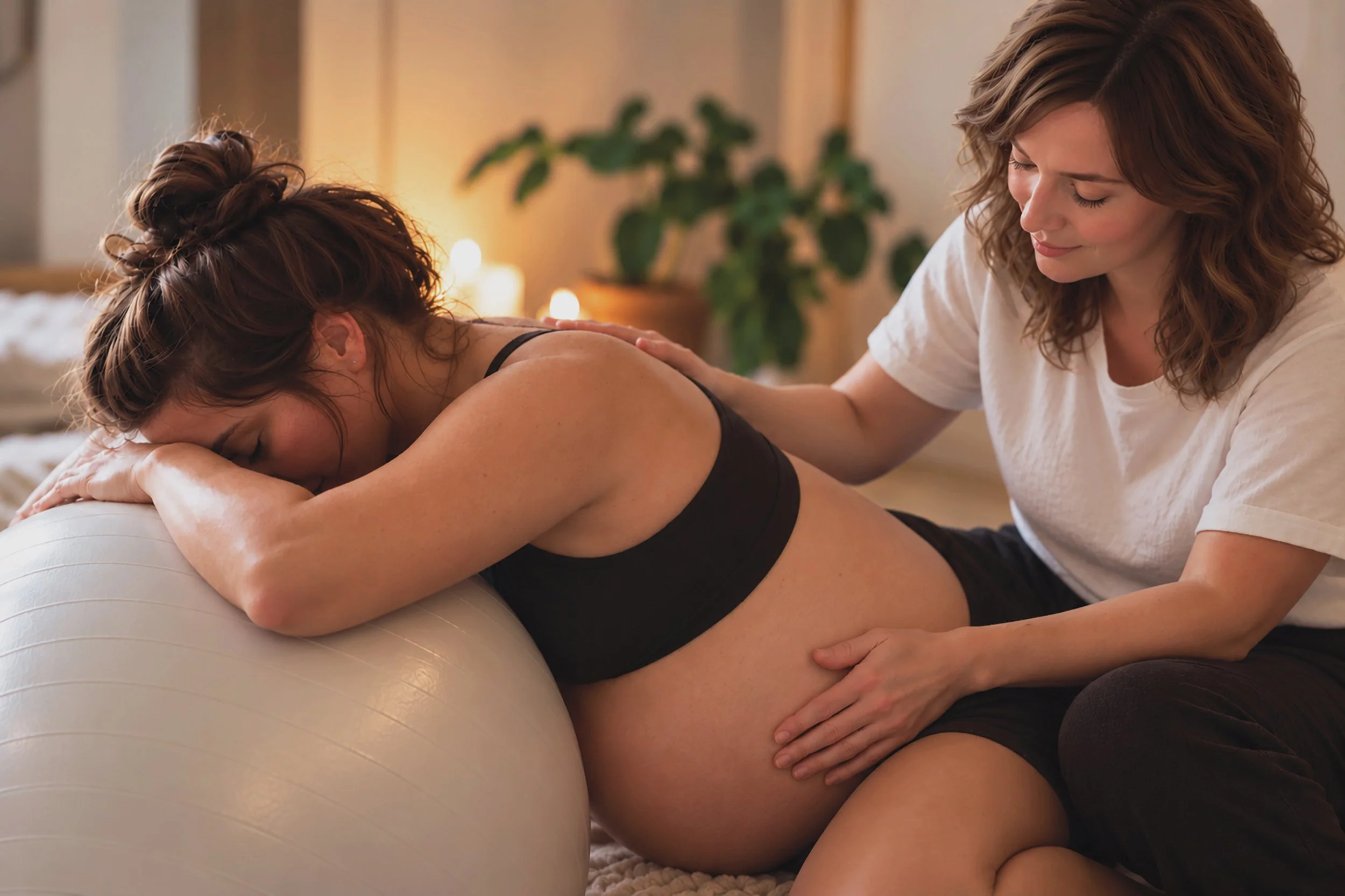 Woman receiving massage therapy at home with a male therapist, relaxing atmosphere with candles and plant in the background.