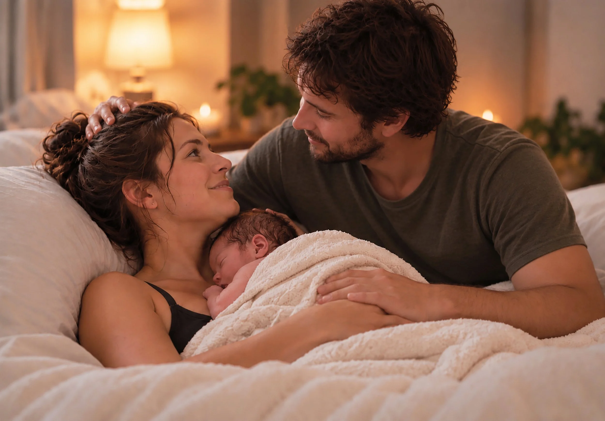 A woman and a man sitting on a bed, with the woman holding a newborn baby wrapped in a blanket. The woman is looking at the man, smiling, and the man is gazing at the woman softly. The scene is warm and intimate, set in a cozy bedroom with soft lighting and blurred background decor.