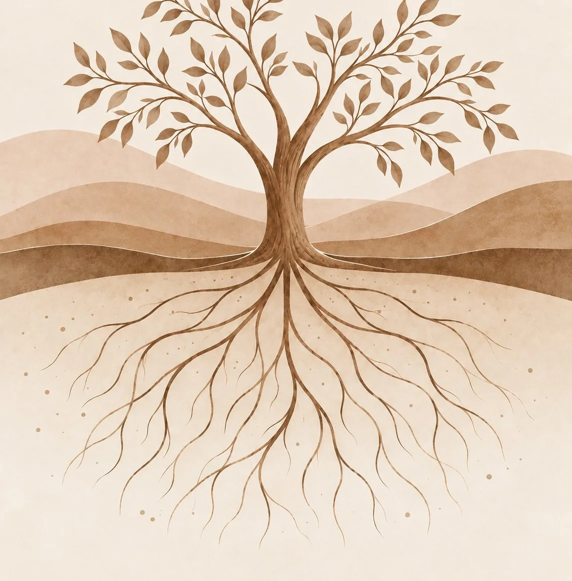 Illustration of a tree with roots extending underground, shown in shades of brown and beige. The background features rolling hills.