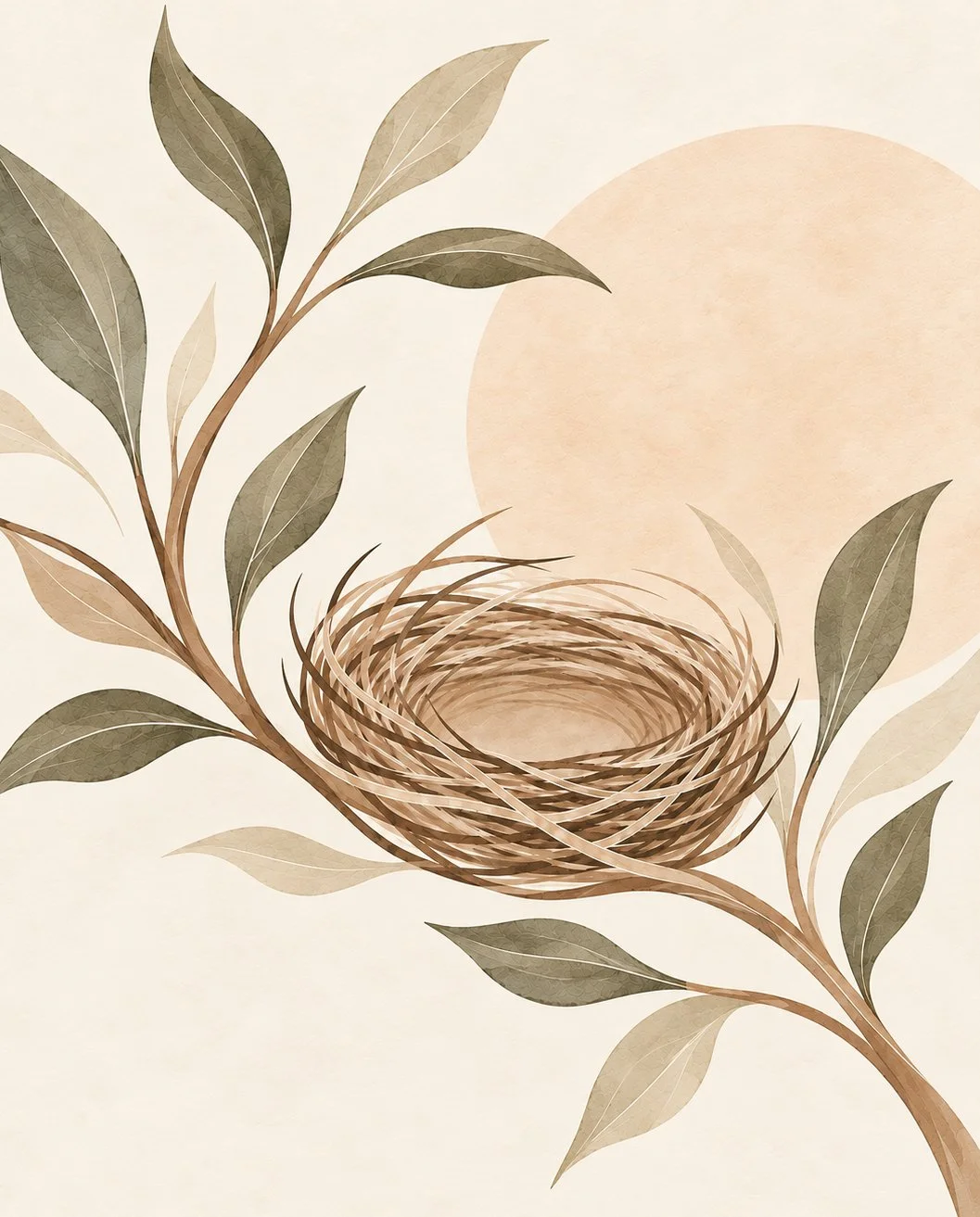 Illustration of a nest on a branch with leaves and a round sun or moon in the background.