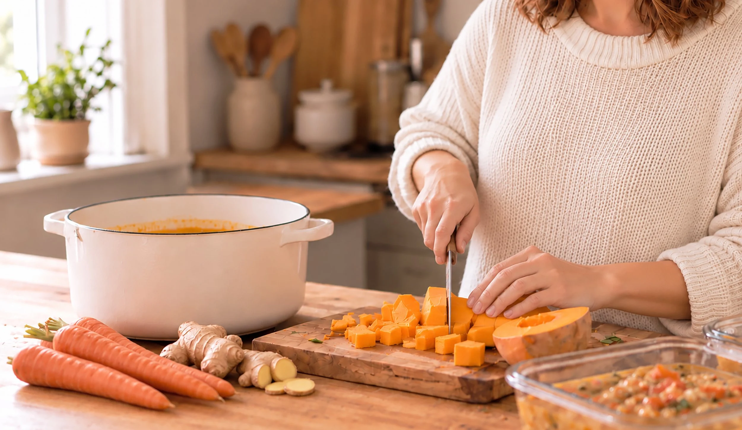 A person chopping orange butternut squash on a wooden cutting board in a kitchen, with fresh carrots and ginger nearby and a pot on the stove.