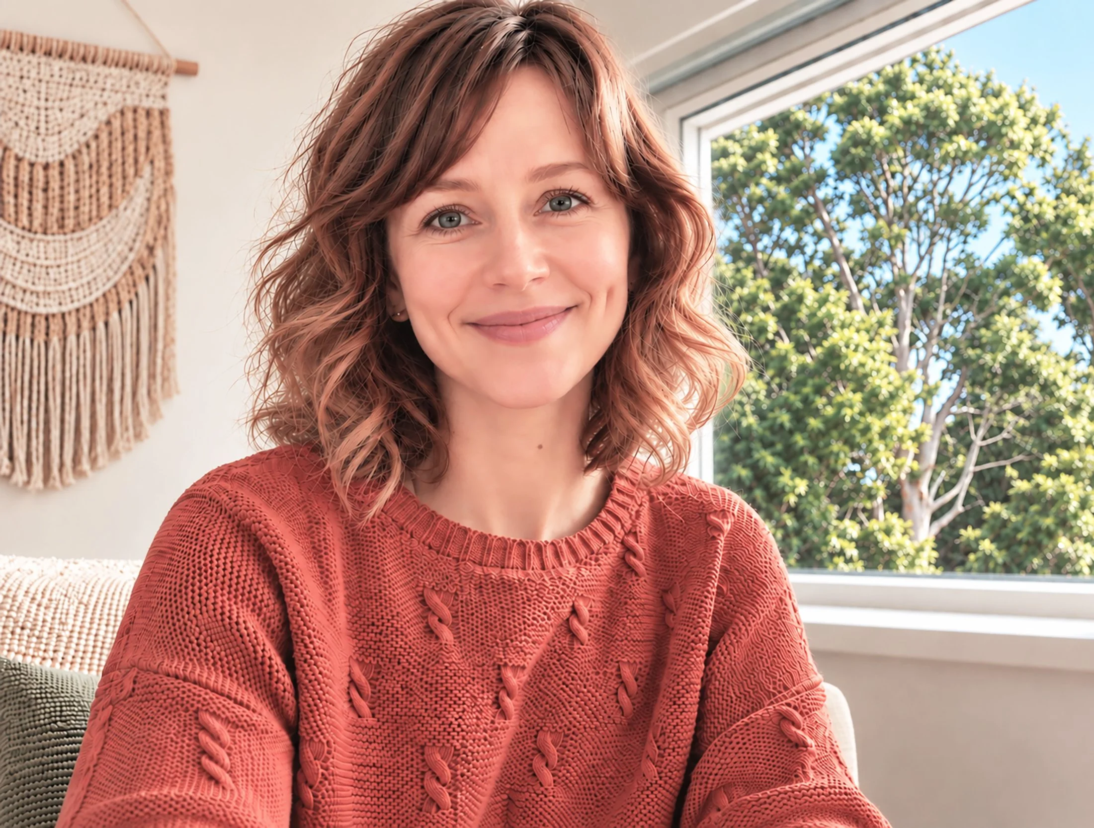 A woman with shoulder-length curly hair smiling, wearing a red sweater, sitting in a bright room near a window with a view of green trees outside.