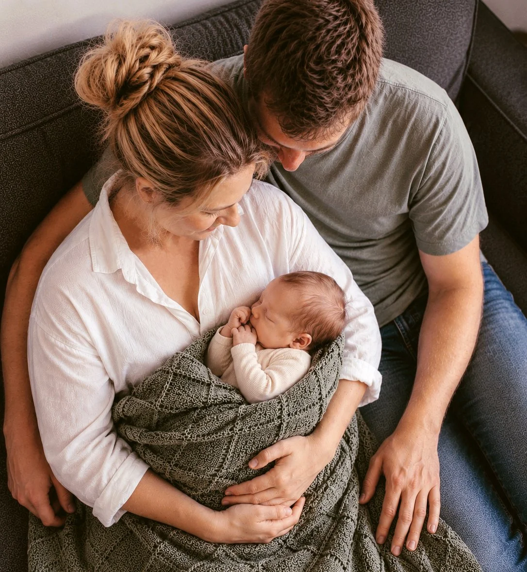 A mother, father, and newborn baby sitting on a couch. The mother is holding the baby wrapped in a blanket, and both parents are looking at the baby affectionately.