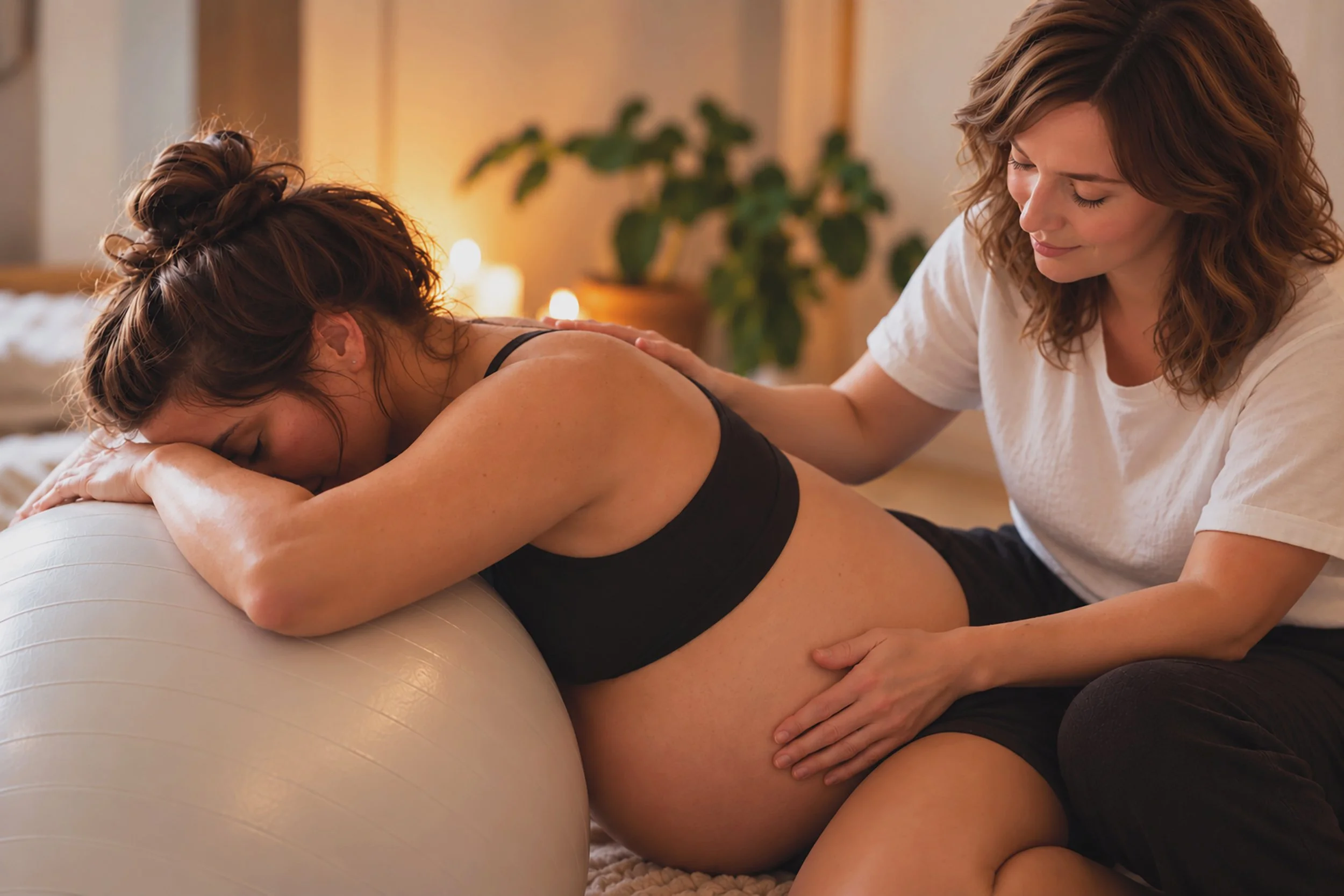 A woman receiving a massage from a massage therapist in a cozy, softly lit room with candles and a green plant in the background.