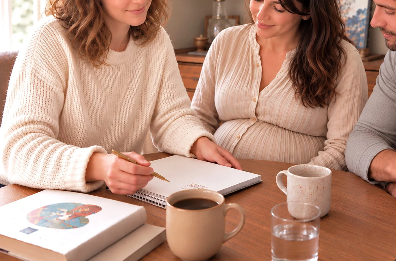 Three people sitting at a wooden table, engaged in a conversation or activity. A woman on the left, wearing a cream knit sweater, is holding a gold pen and writing or drawing in a spiral notebook. A pregnant woman in the middle, wearing a beige striped blouse, is looking at what the first woman is doing with a gentle smile. A man on the right, in a gray shirt, is slightly turned towards them. On the table, there are three mugs, a glass of water, and some books or magazines.