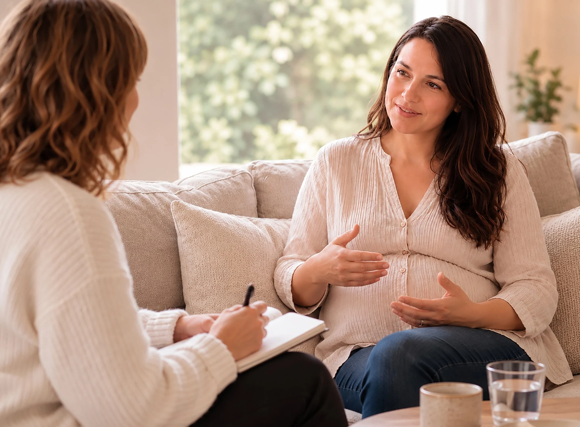 Two women having a conversation in a cozy living room with natural light. One woman with dark hair is speaking, smiling warmly, and gesturing with her hands, while the other woman with red hair is taking notes in a notebook.