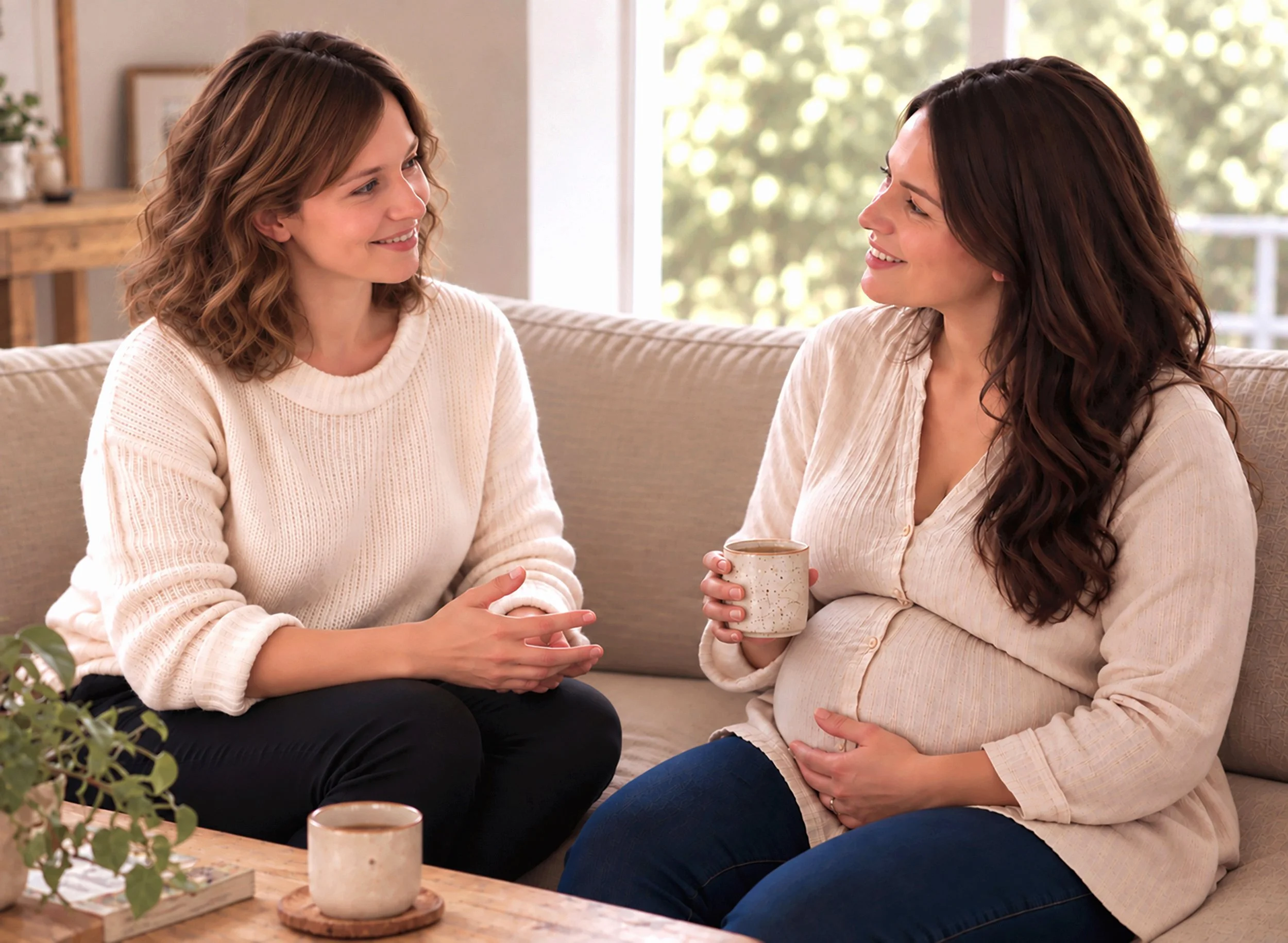 Two women sitting on a beige sofa having a conversation, one holding a mug, in a bright living room with natural light and greenery outside.
