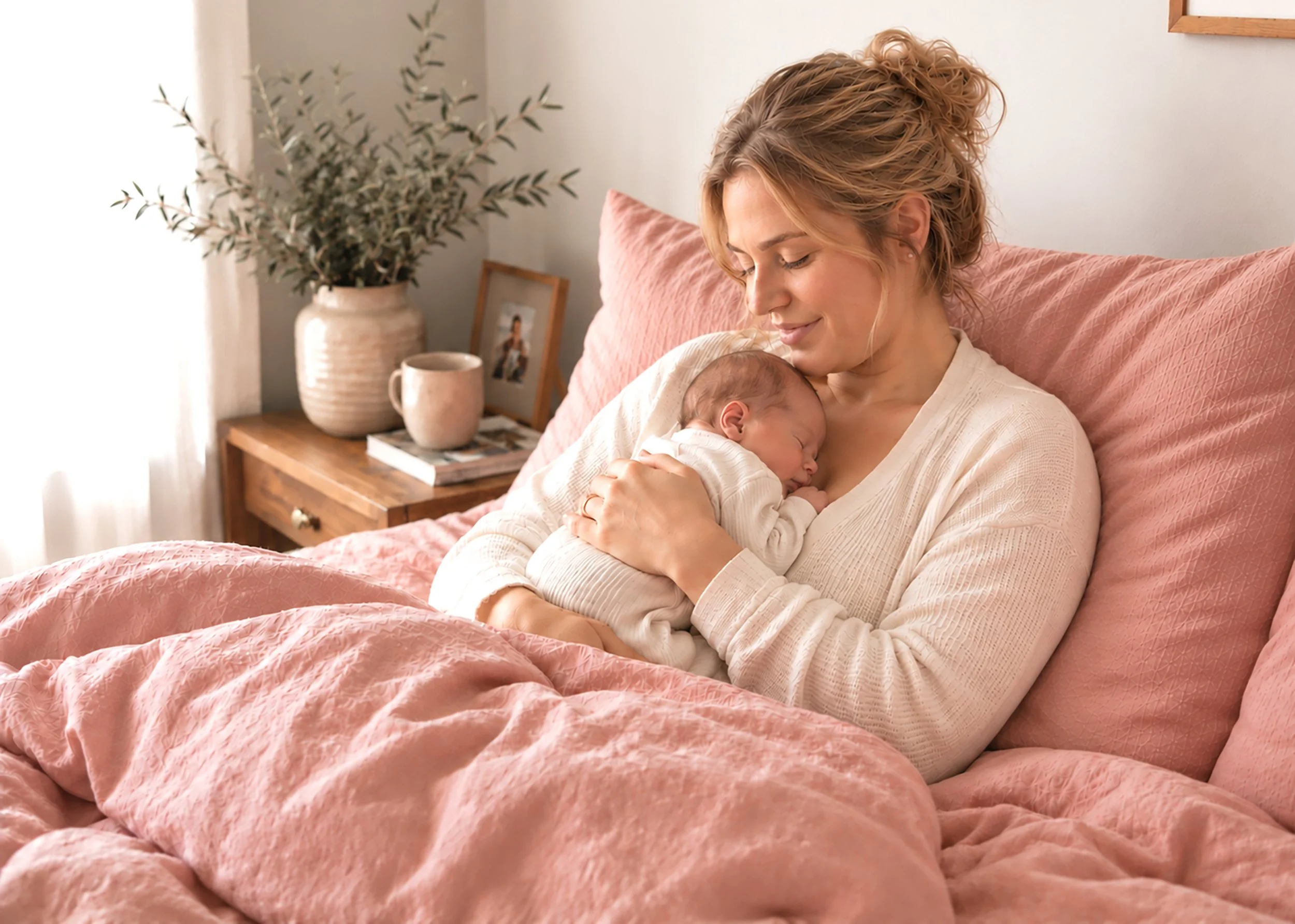 A woman with short curly red hair holds a sleeping baby against her chest, sitting on a bed with a pink quilt. There is a nightstand with decorative items, a framed photo, and a large potted plant in the background.