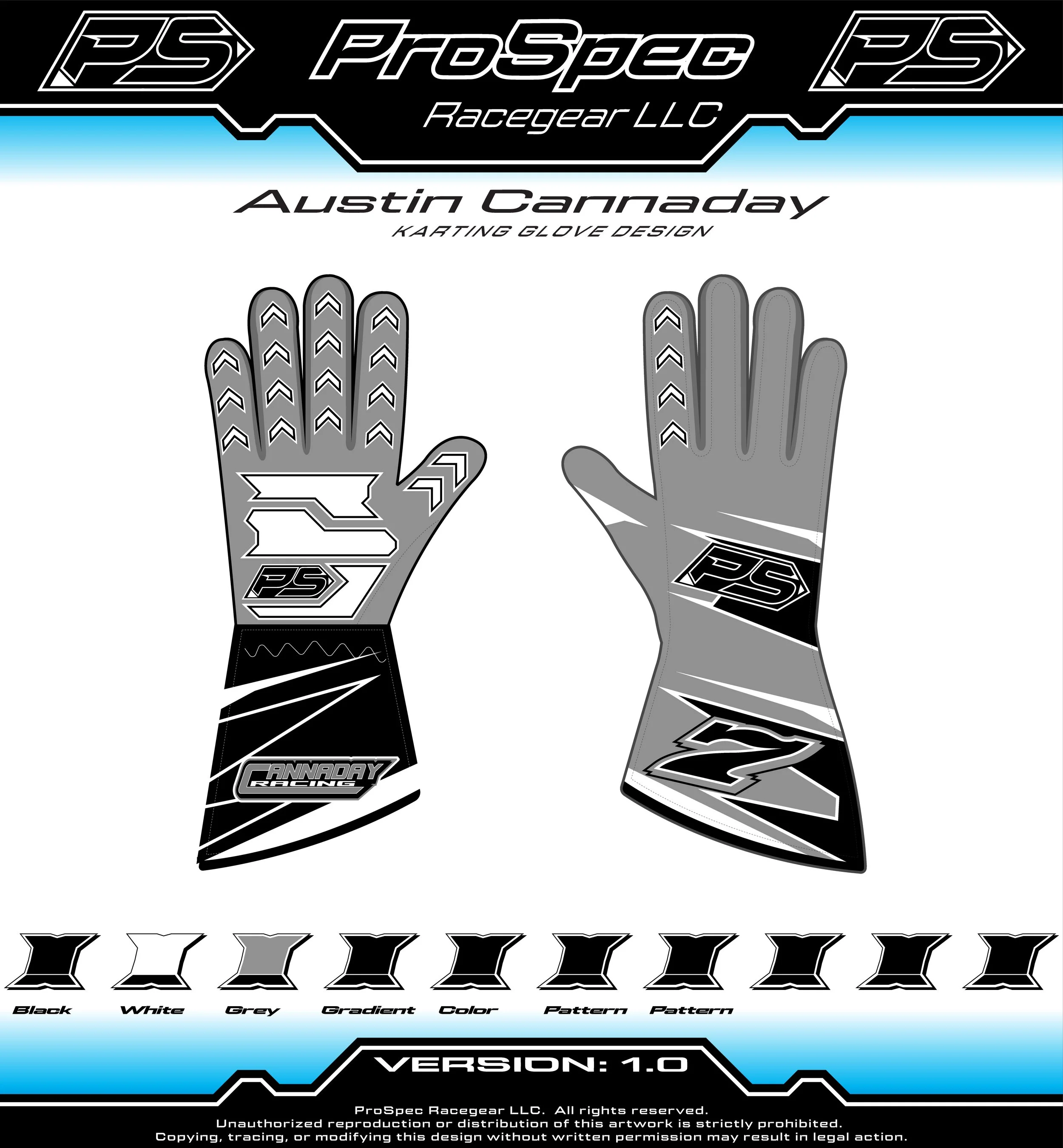 Designs of two racing gloves, showing front and back views, with black, white, grey, gradient, and pattern accents, labeled as ProSpec Racegear LLC Austin Carnaday.