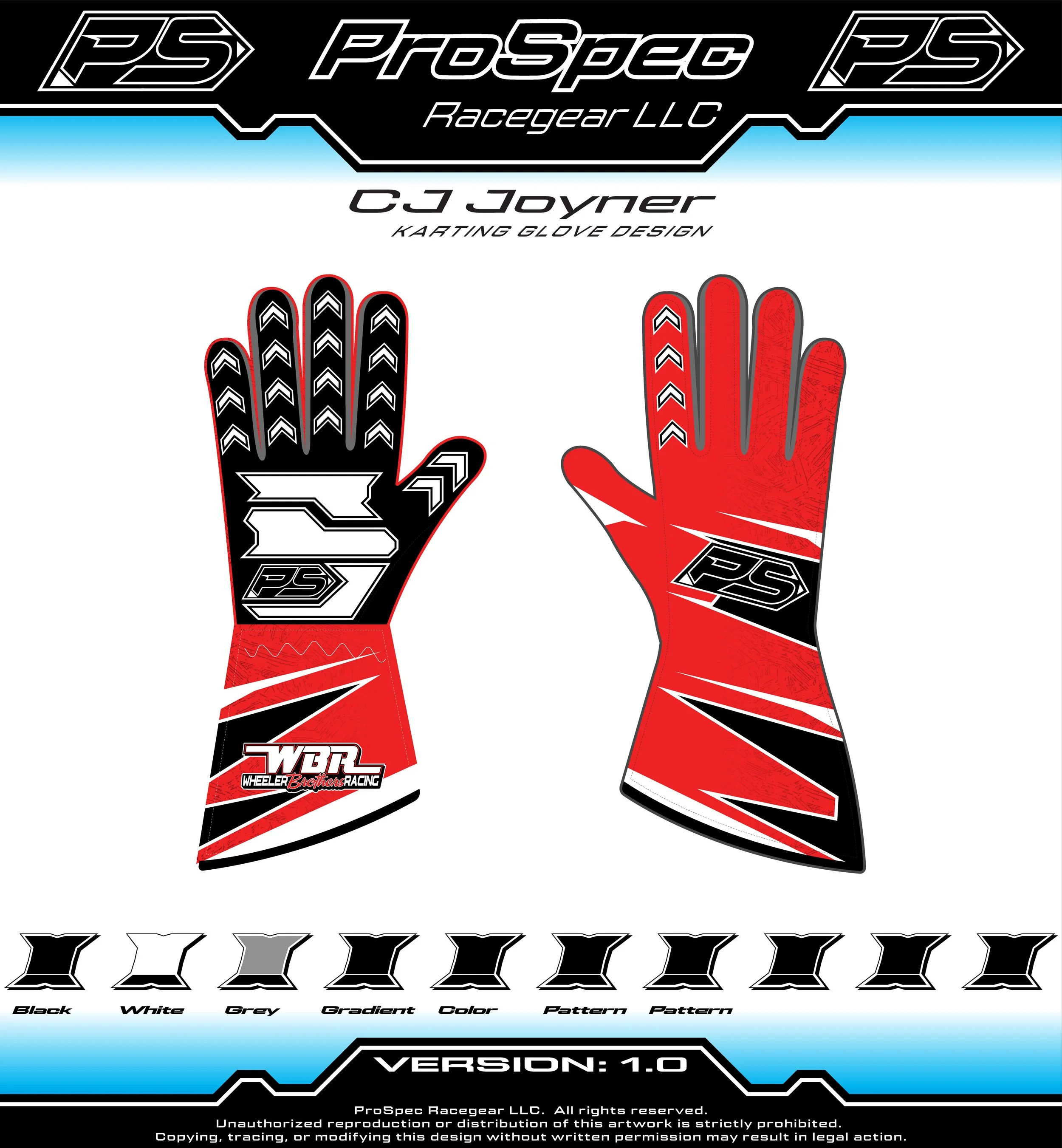 Design of a racing glove with black, white, grey, and red colors and patterns, featuring logos and branding for ProSpec Racegear LLC and Wheeler Brothers Racing.