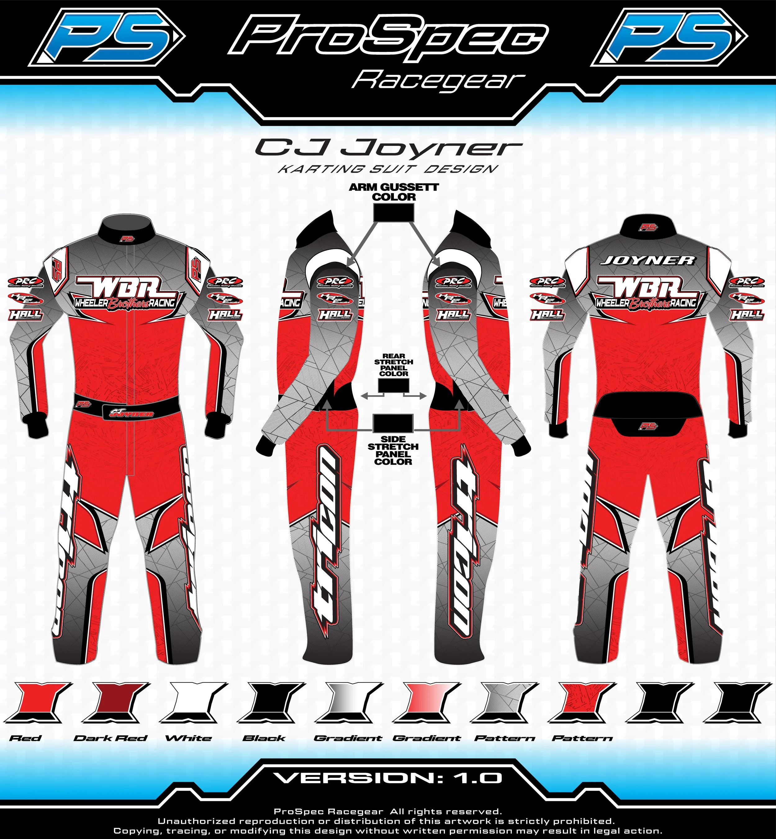 Design concept for a racing suit by ProSpec Racegear, showing the front, side, and back views with color and pattern options in red, dark red, white, black, gradient, and pattern.