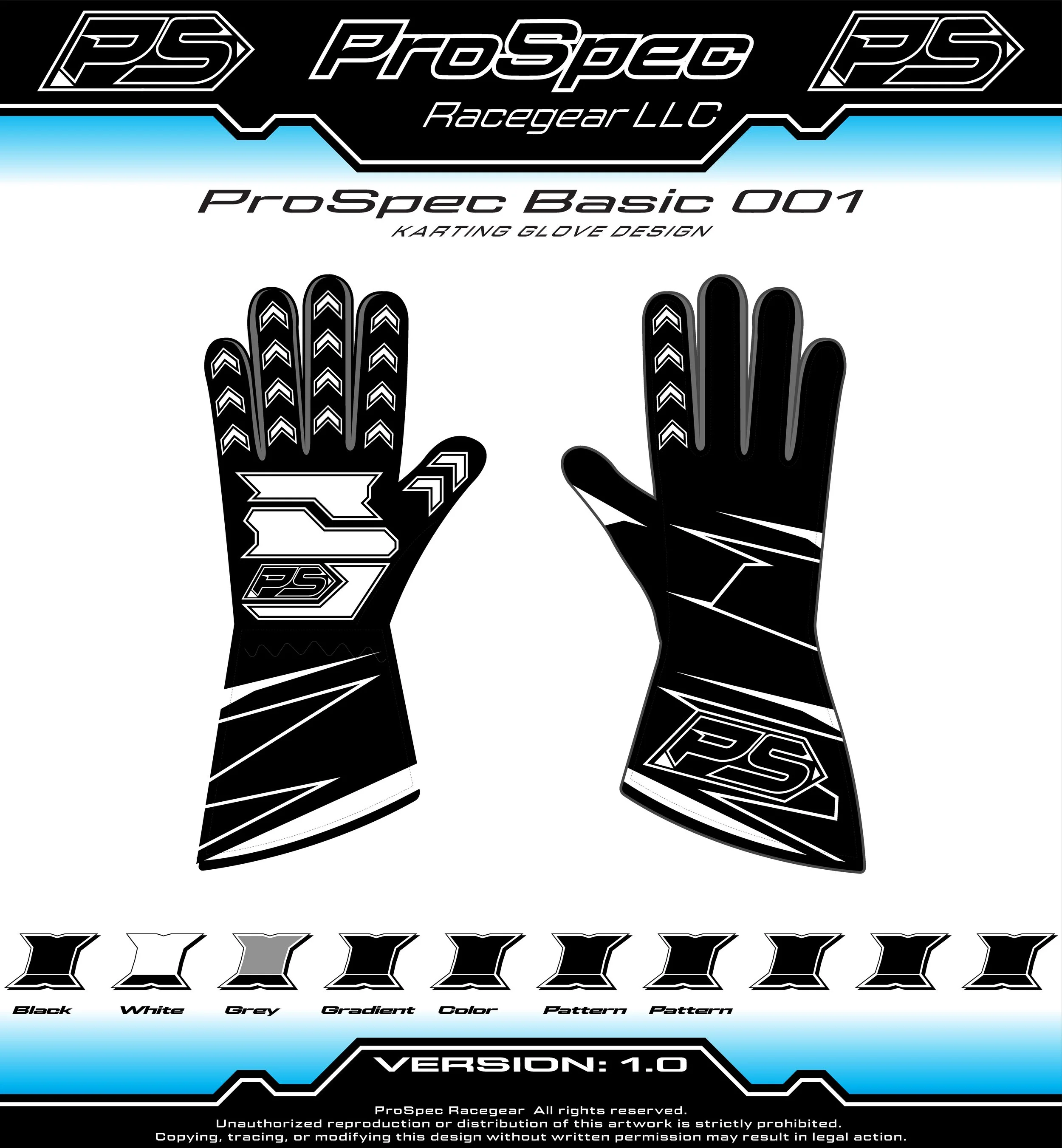 A graphic showcasing a racing gloves design with black and white color options, a futuristic texture, and various pattern options at the bottom. The top displays the ProSpec Racegear LLC logo.