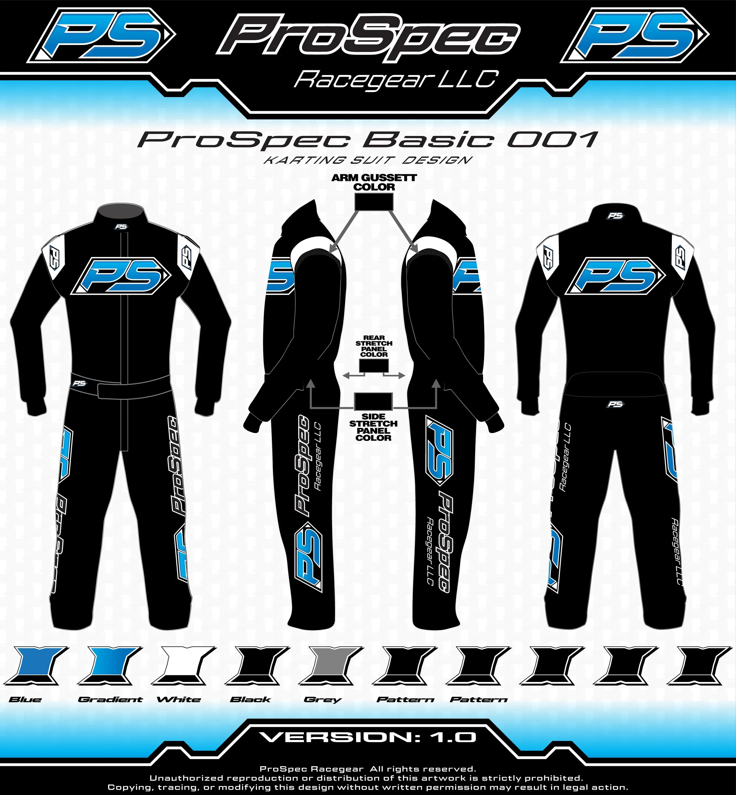 Design blueprint for ProSpec Racegear LLC racing suit with front, side, and back views. The suit is black with blue, white, grey, or patterned accents, featuring prominent ProSpec logos and color scheme options.
