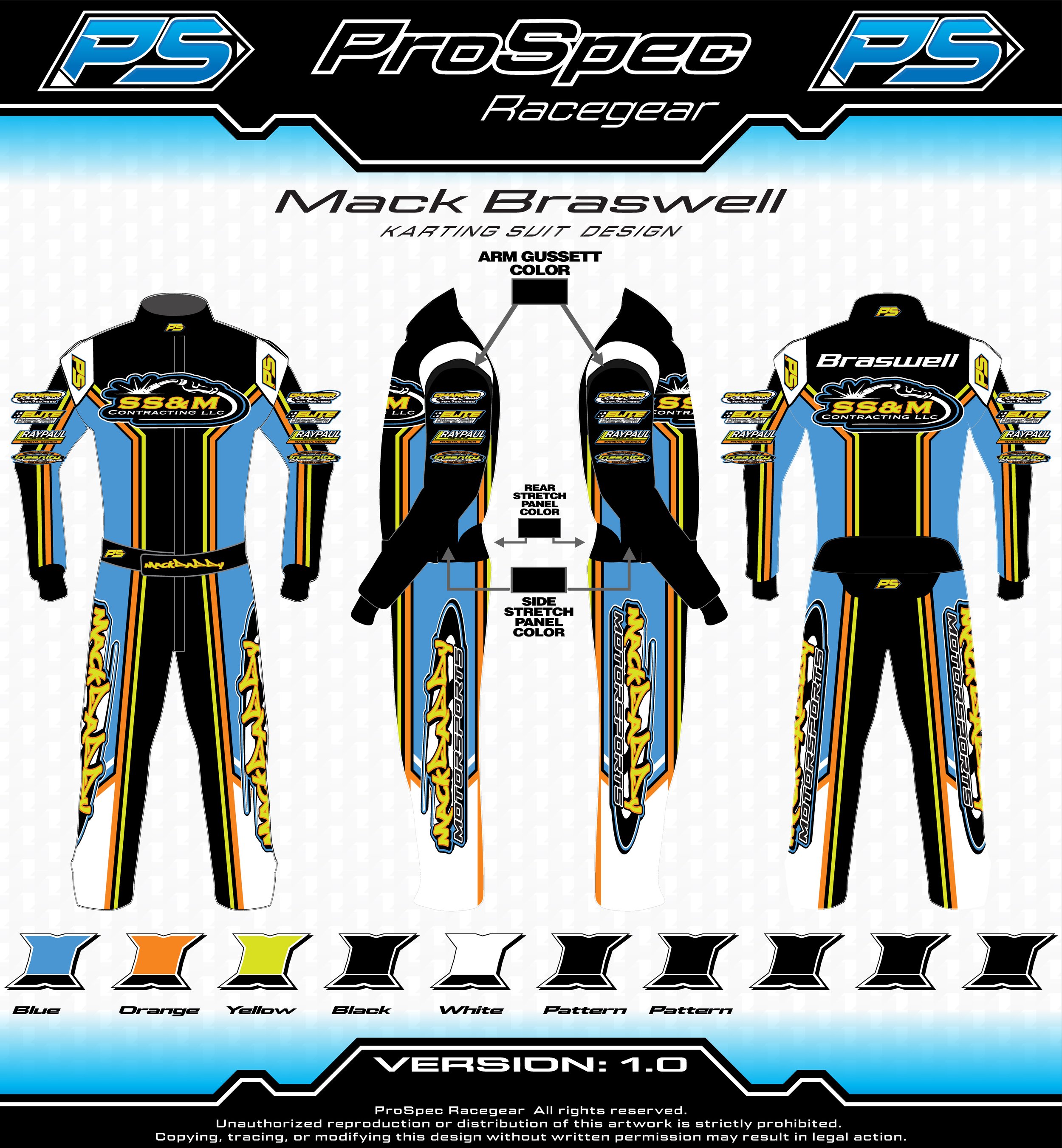 Graphic of race suit design for Mack Braswell by ProSpec Racegear, featuring blue, orange, yellow, black, and white colors, with various sponsor patches and patterns.