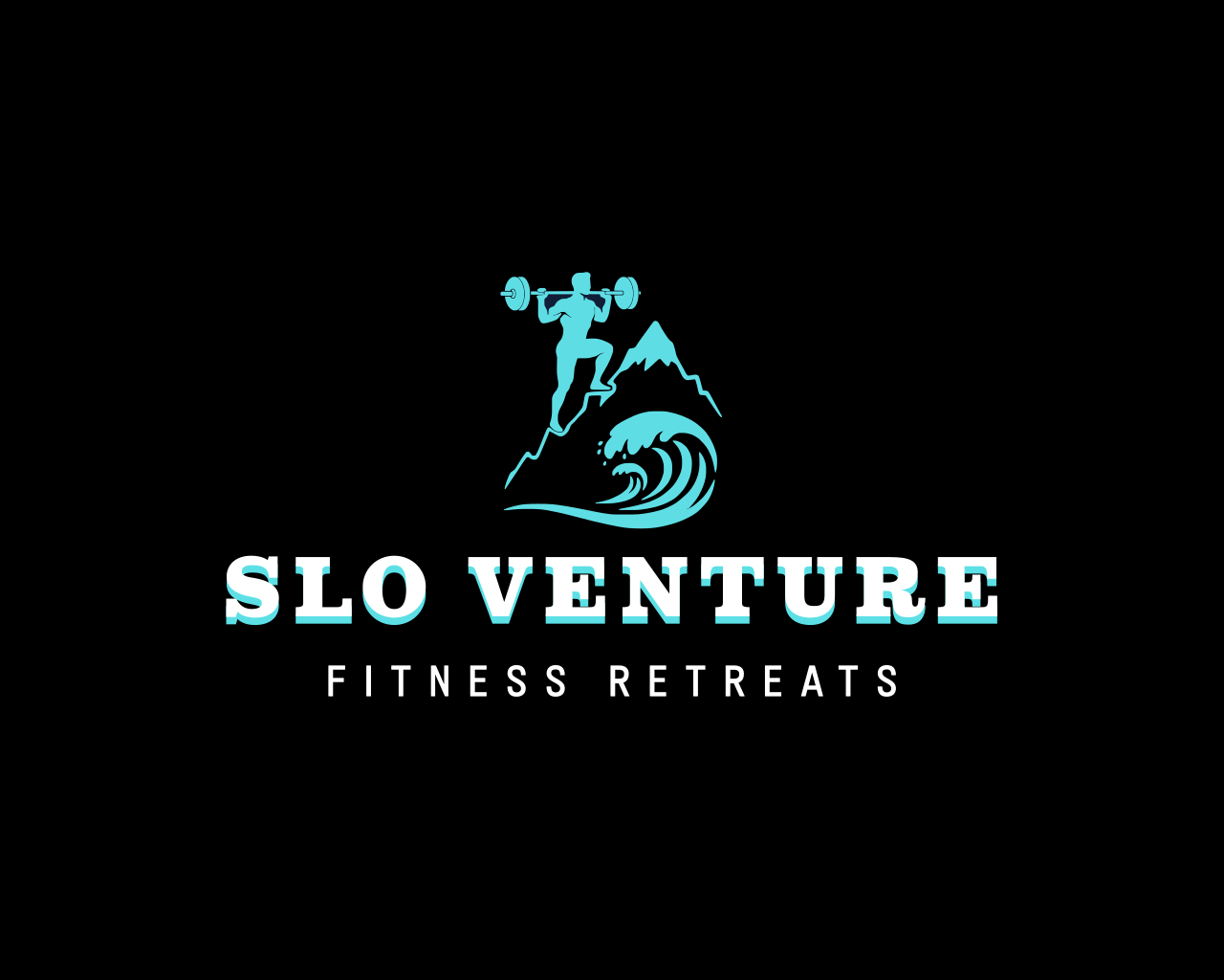 Logo for SLO Venture Fitness Retreats featuring a silhouette of a person lifting weights atop a mountain with waves below.
