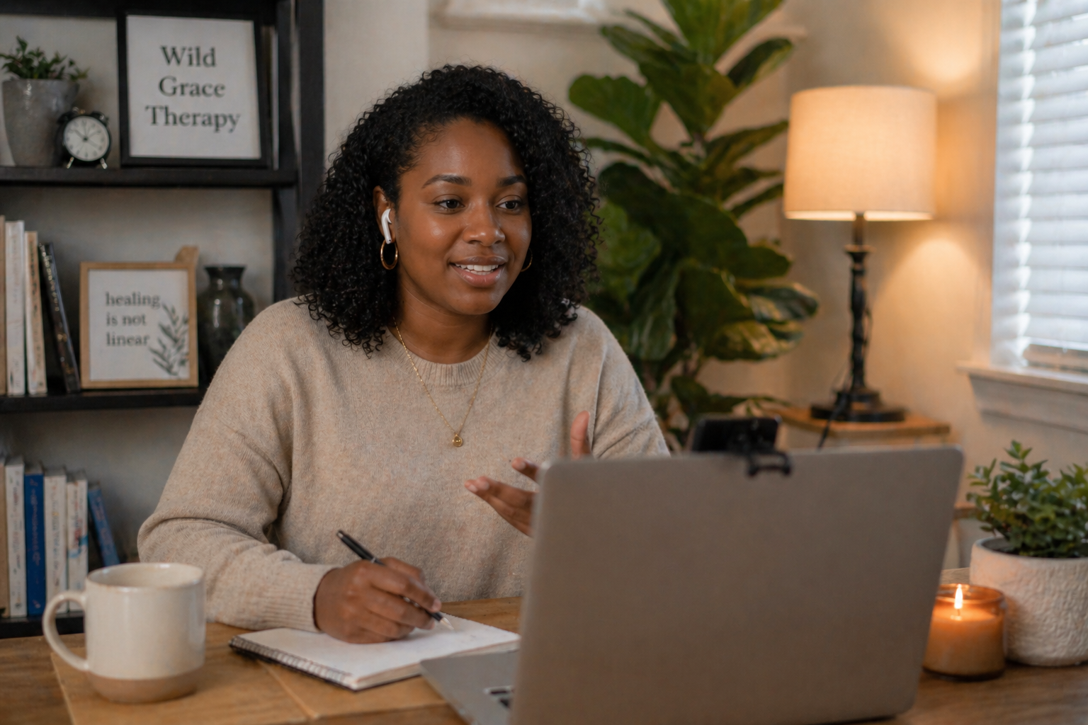 A woman with curly hair sitting at a desk, participating in a virtual meeting on her laptop, with a notebook, pen, mug, and plant on the desk, in a cozy room with bookshelf and warm lighting.