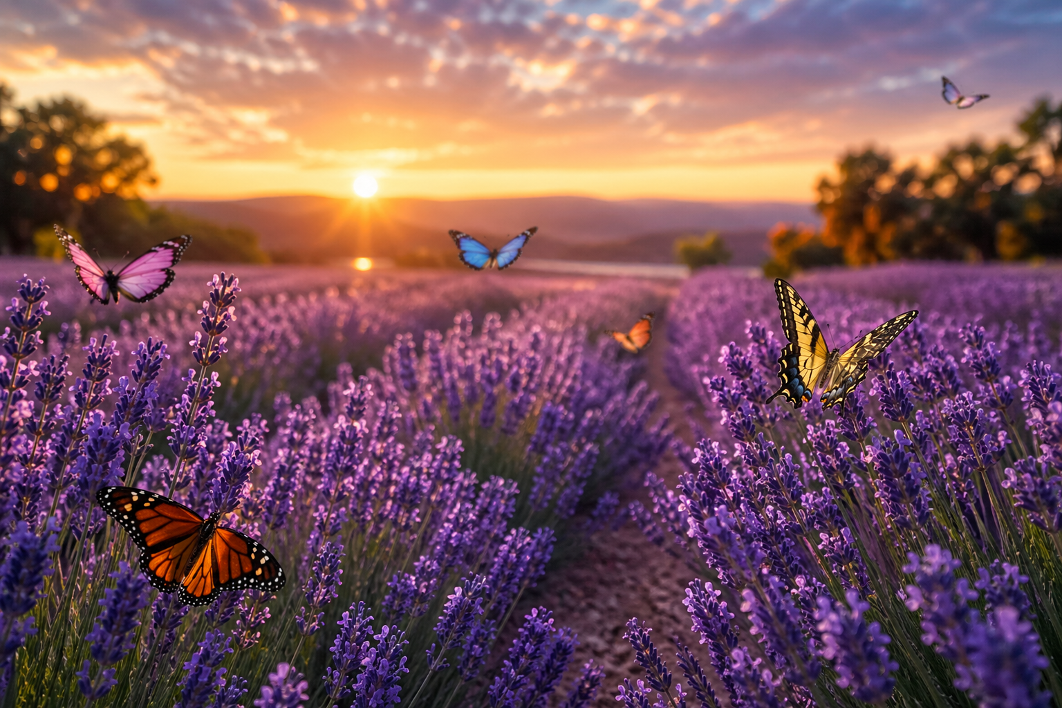 Field of blooming lavender with butterflies flying during sunset.