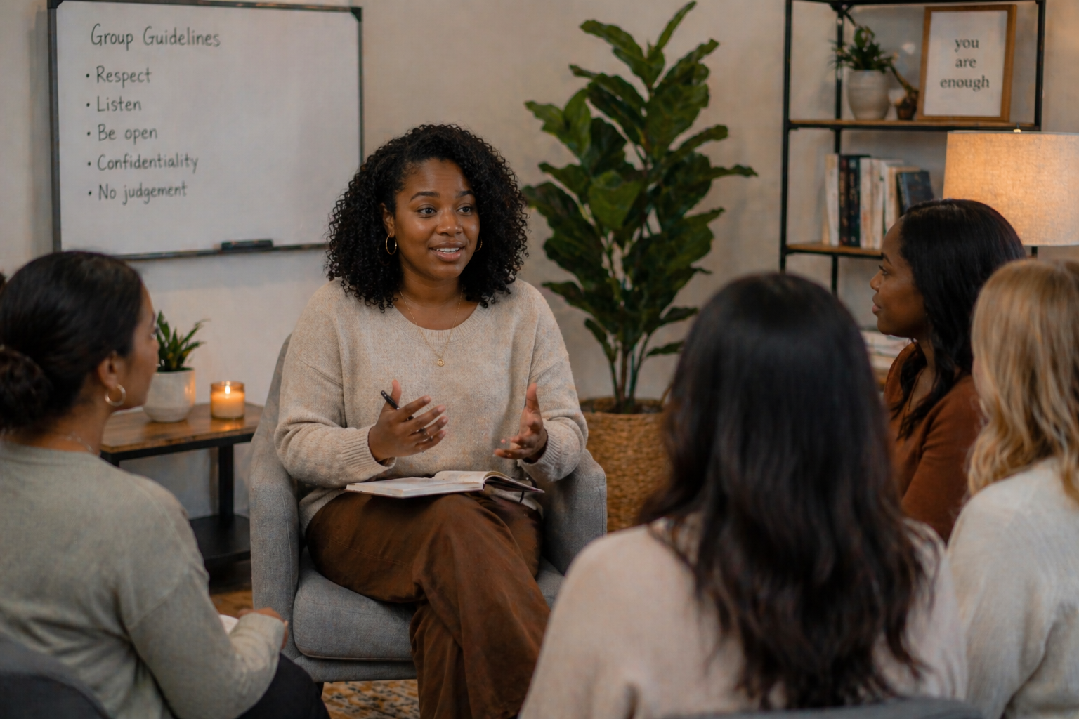 Woman leading a group discussion in a cozy room with a whiteboard and plants.