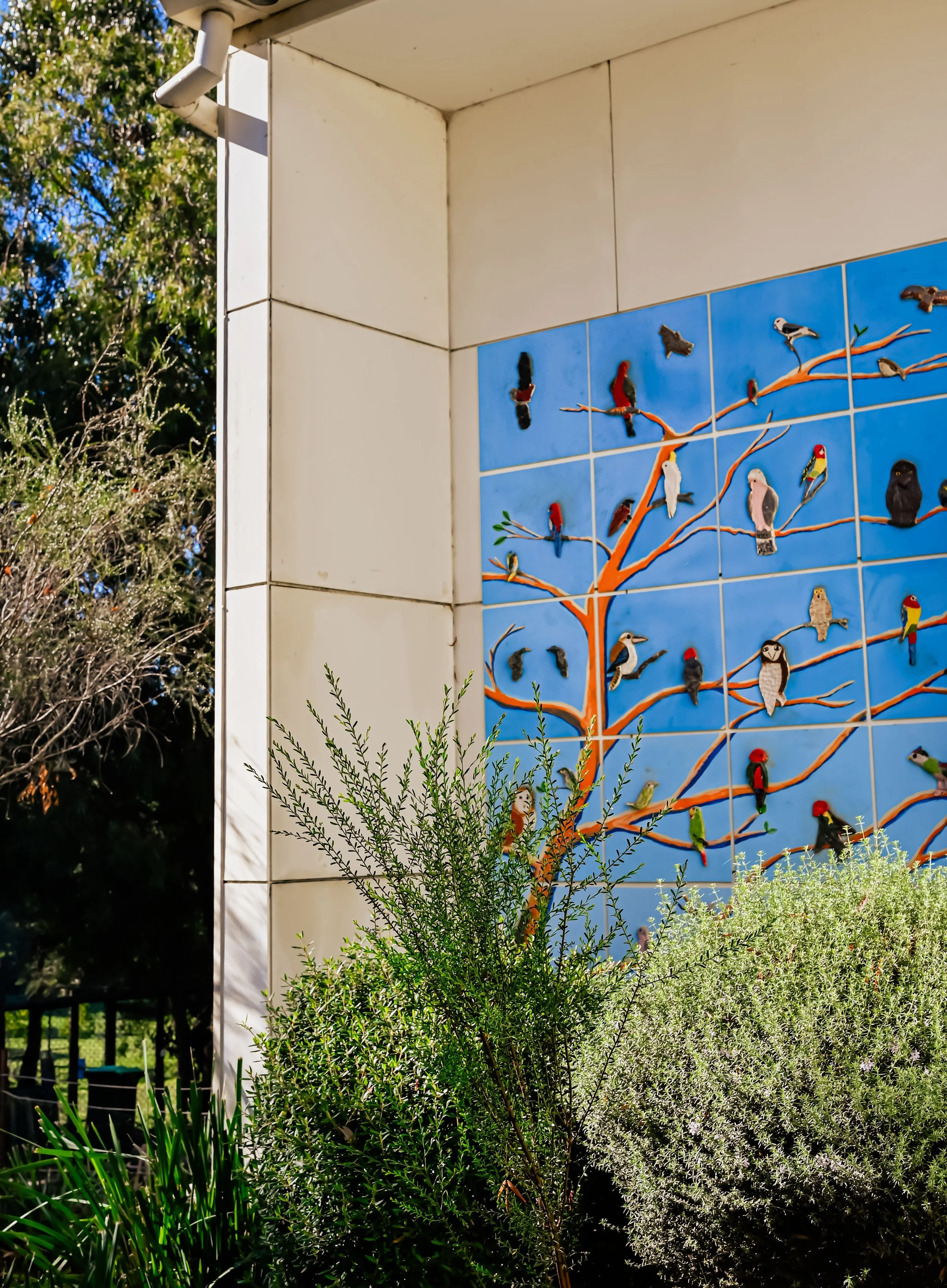Colorful tile mural featuring a tree with various birds perched on its branches, located outdoors among greenery.