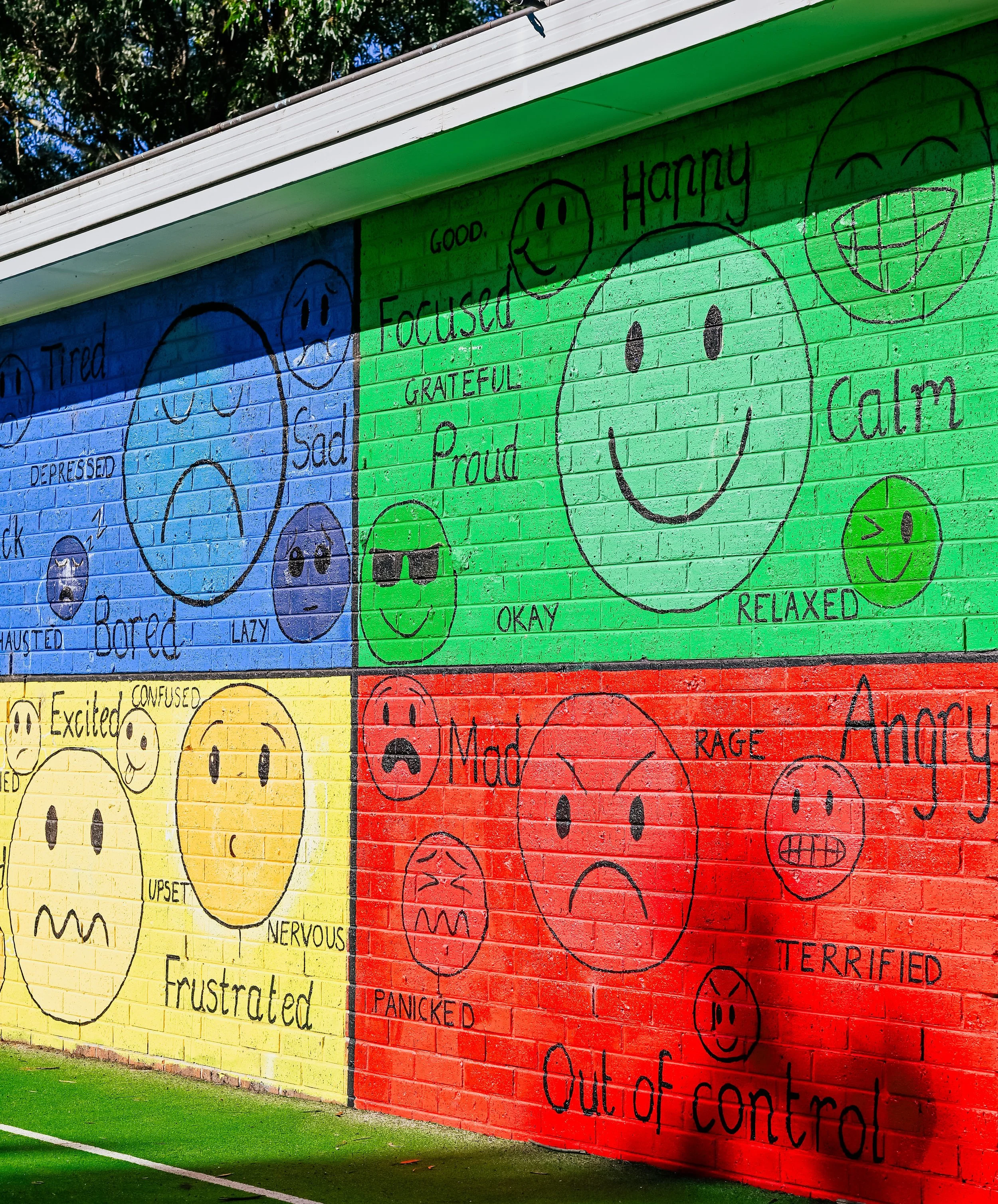 Mural painted on a brick wall featuring blue, green, yellow and red sections, with black outline words and emojis expressing various emotions like happiness, sadness, anger, and fear.