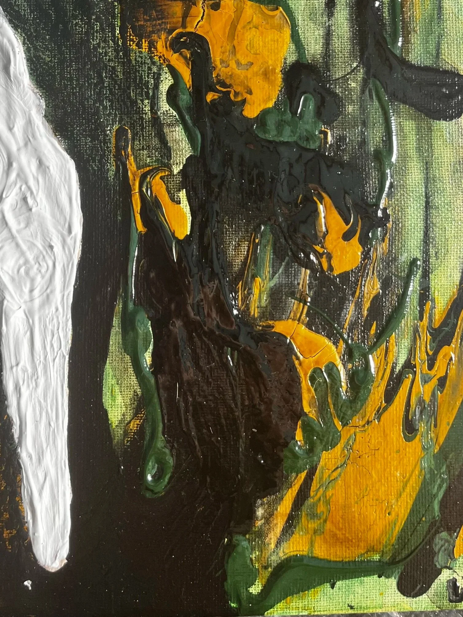 An abstract painting with swirling black, yellow, green, and white paint on a textured background.