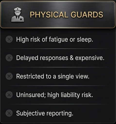 Sign with the title 'Physical Guards' and five bullet points listing disadvantages: high risk of fatigue or sleep, delayed responses and expensive, restricted to a single view, uninsured with high liability risk, and subjective reporting.