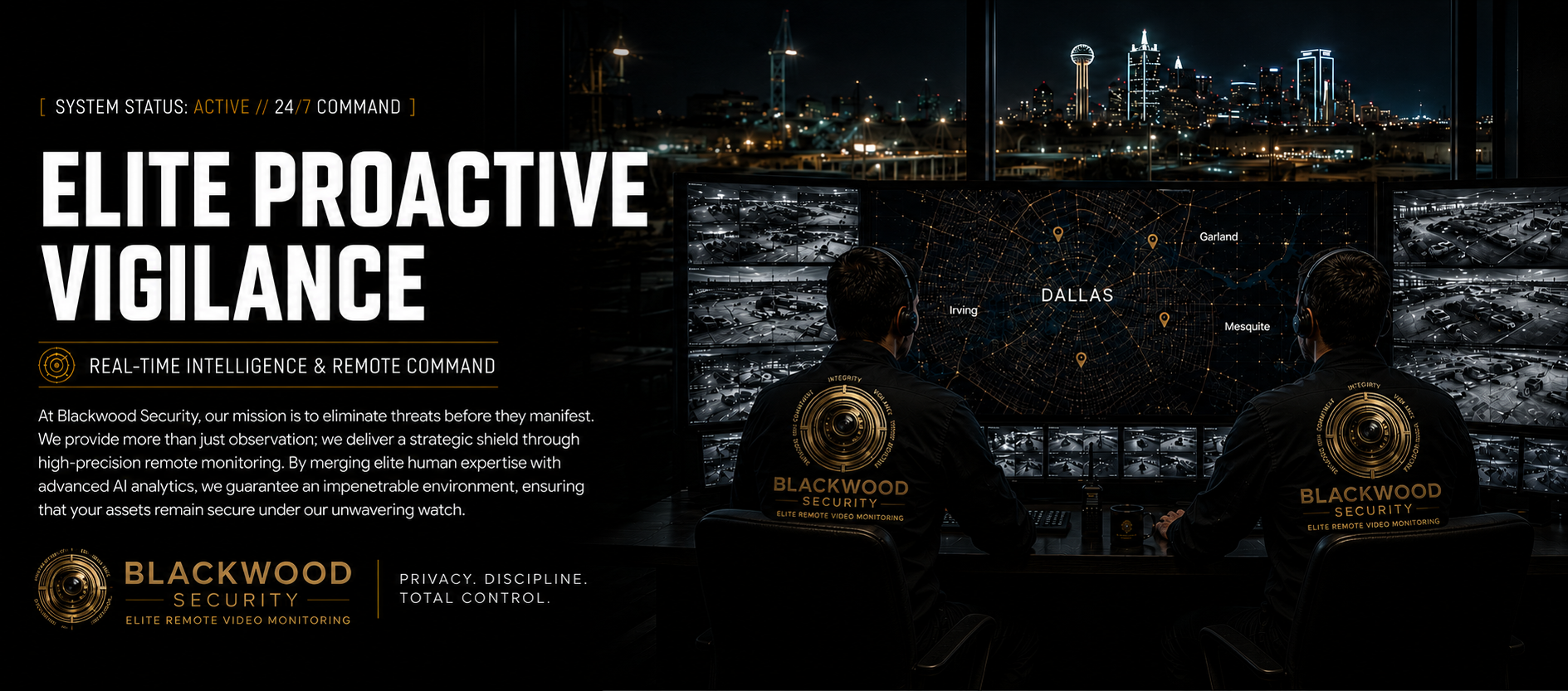 A promotional image for Blackwood Security featuring two security officers monitoring multiple surveillance screens showing parking lot surveillance footage at night, with a city skyline in the background. The image includes text highlighting proactive vigilance with real-time AI monitoring and remote command.