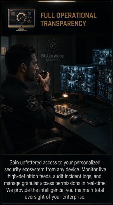 A security operator sitting at a control station with multiple monitors, speaking into a radio in a high-tech security room. A sign reads "Full Operational Transparency" and the logo "Blackwood Security" is visible.