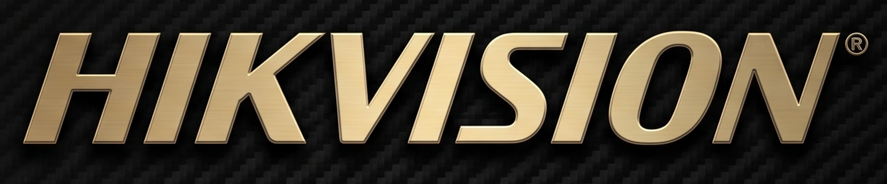 HIKVISION logo in gold letters on a black background with a textured pattern.